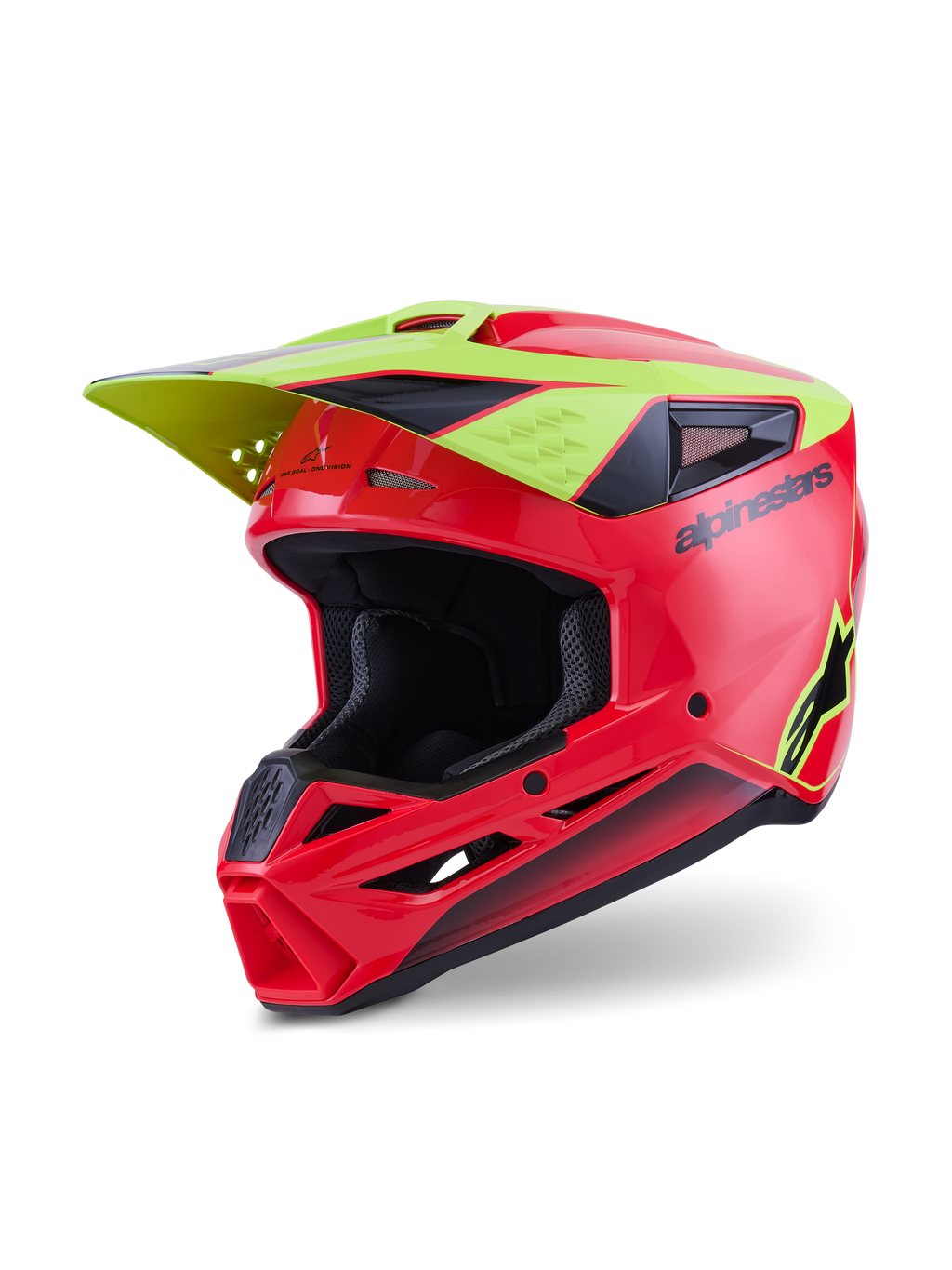Alpinestars S-M3 Fray hjelm ECE 22.06, motocross-hjelm, rød, gul fluo og blank sort, med en aerodynamisk skal med ventilationsporte, integreret gult visir, sort Alpinestars-navnetræk og stjernelogo, blank finish til off-road racing