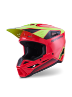 Alpinestars S-M3 Fray hjelm ECE 22.06, motocross-hjelm, rød, gul fluo og blank sort, med en aerodynamisk skal med ventilationsporte, integreret gult visir, sort Alpinestars-navnetræk og stjernelogo, blank finish til off-road racing