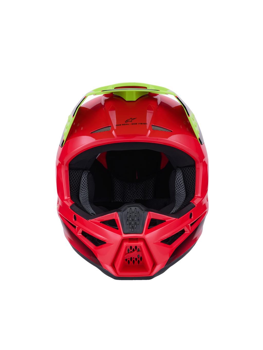 Alpinestars S-M3 Fray hjelm ECE 22.06, motocrosshjelm, rød og gul fluo, set forfra med blank finish, med flere ventilationsåbninger og et markant visir, højtydende beskyttelsesudstyr til off-road kørsel