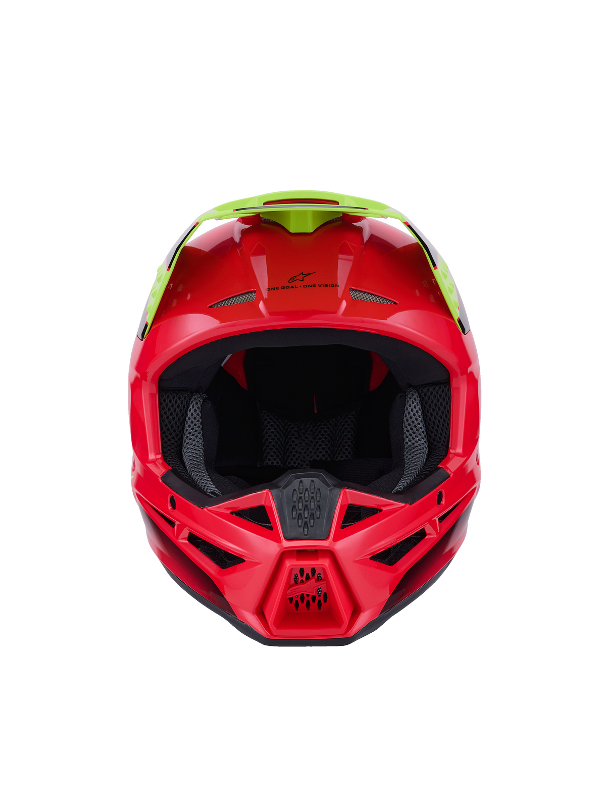 Alpinestars S-M3 Fray hjelm ECE 22.06, motocrosshjelm, rød og gul fluo, set forfra med blank finish, med flere ventilationsåbninger og et markant visir, højtydende beskyttelsesudstyr til off-road kørsel