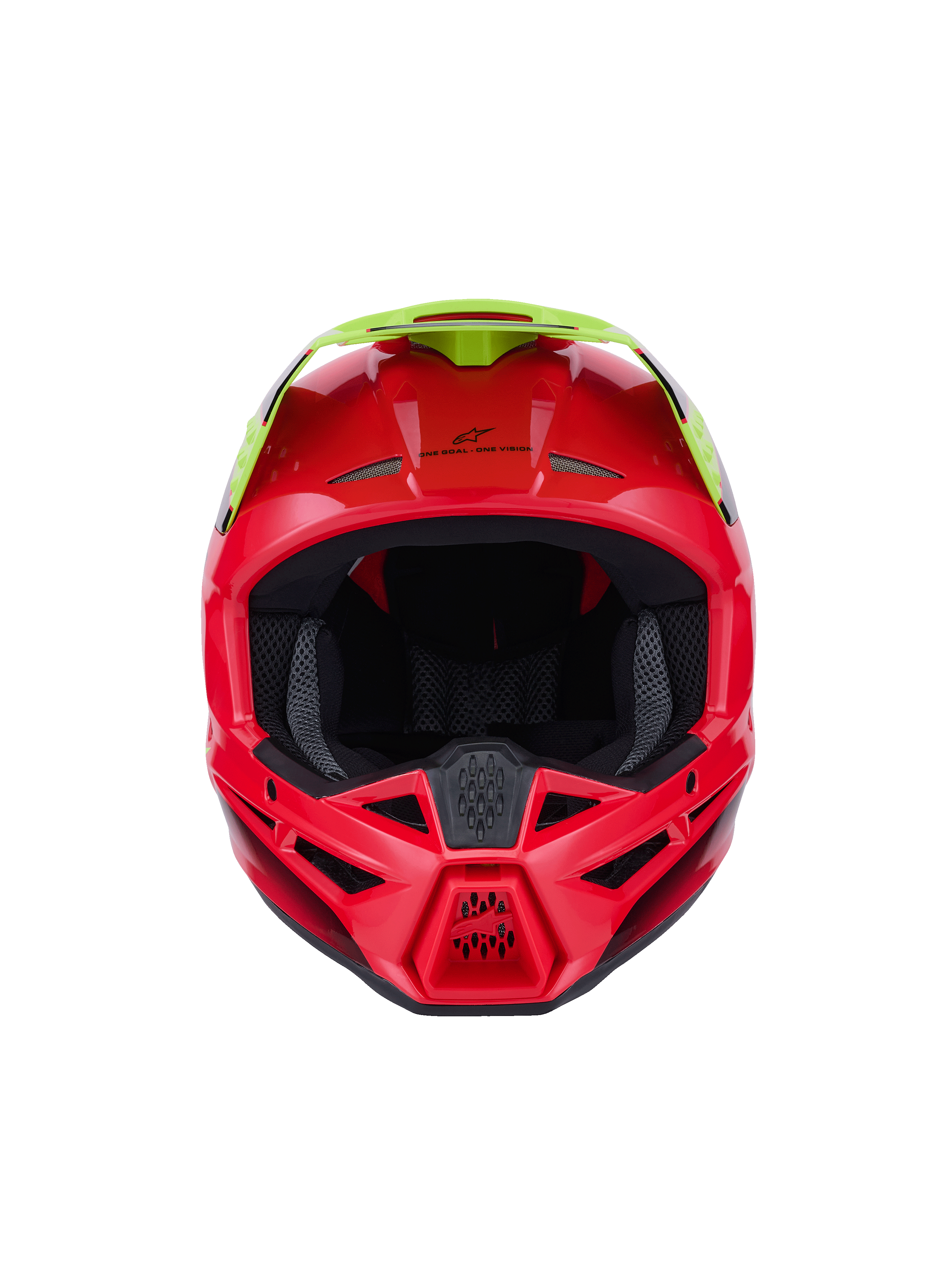Alpinestars S-M3 Fray hjelm ECE 22.06, motocrosshjelm, rød og gul fluo, set forfra med blank finish, med flere ventilationsåbninger og et markant visir, højtydende beskyttelsesudstyr til off-road kørsel