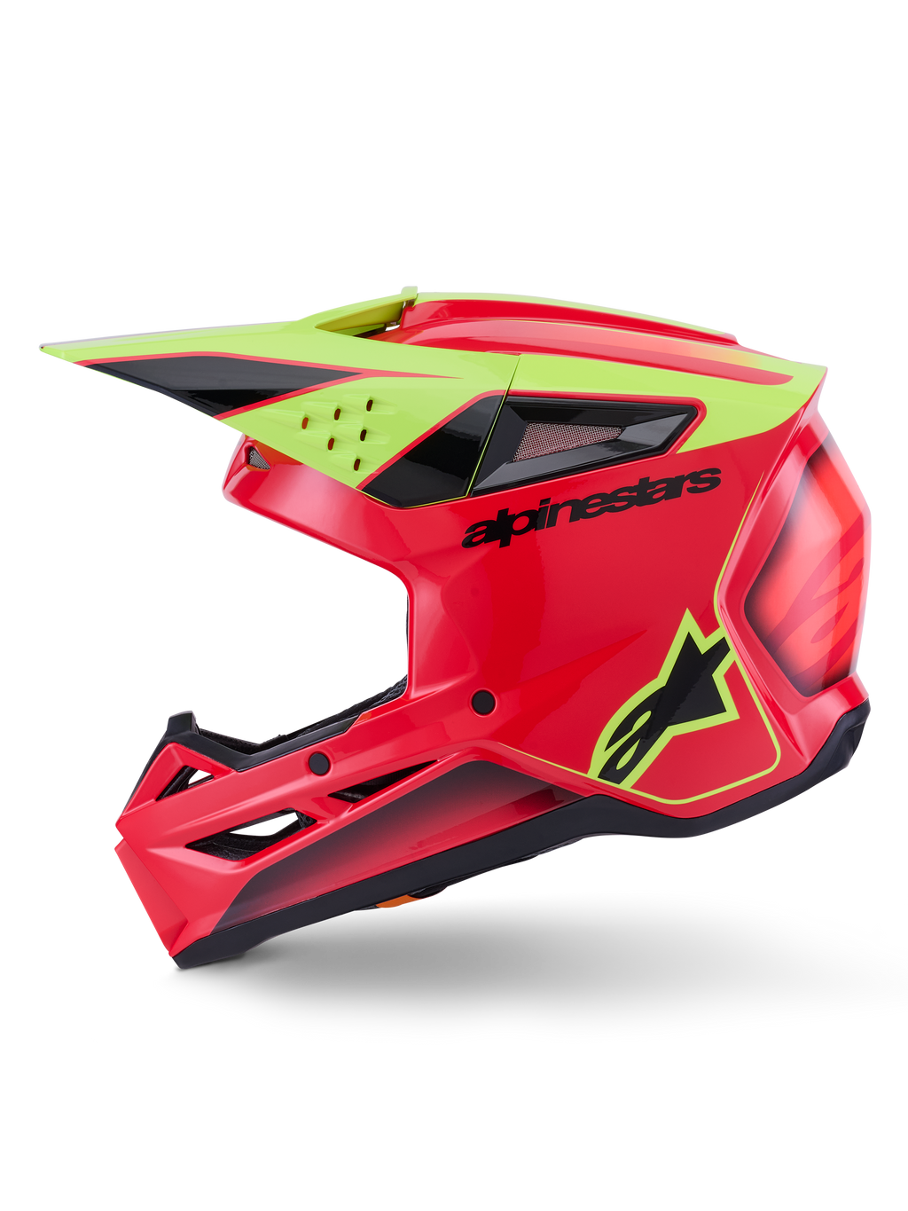 Alpinestars S-M3 Fray-hjelm ECE 22.06, motocross-hjelm, rød, gul fluo og blank sort, sideprofil, med en aerodynamisk termo-injiceret skal med flere ventilationsporte, sort Alpinestars-branding og gult fluorescerende stjernelogo, højtydende hovedbeskyttelse til off-road kørsel.