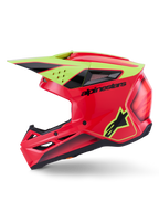 Alpinestars S-M3 Fray-hjelm ECE 22.06, motocross-hjelm, rød, gul fluo og blank sort, sideprofil, med en aerodynamisk termo-injiceret skal med flere ventilationsporte, sort Alpinestars-branding og gult fluorescerende stjernelogo, højtydende hovedbeskyttelse til off-road kørsel.