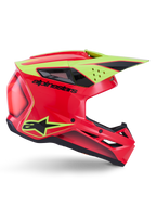Alpinestars S-M3 Fray hjelm ECE 22.06, motocross-hjelm, rød, fluoriserende gul og blank sort, sideprofil med aerodynamisk skal, flere ventilationsporte, markant sort branding og gul high-visibility visir