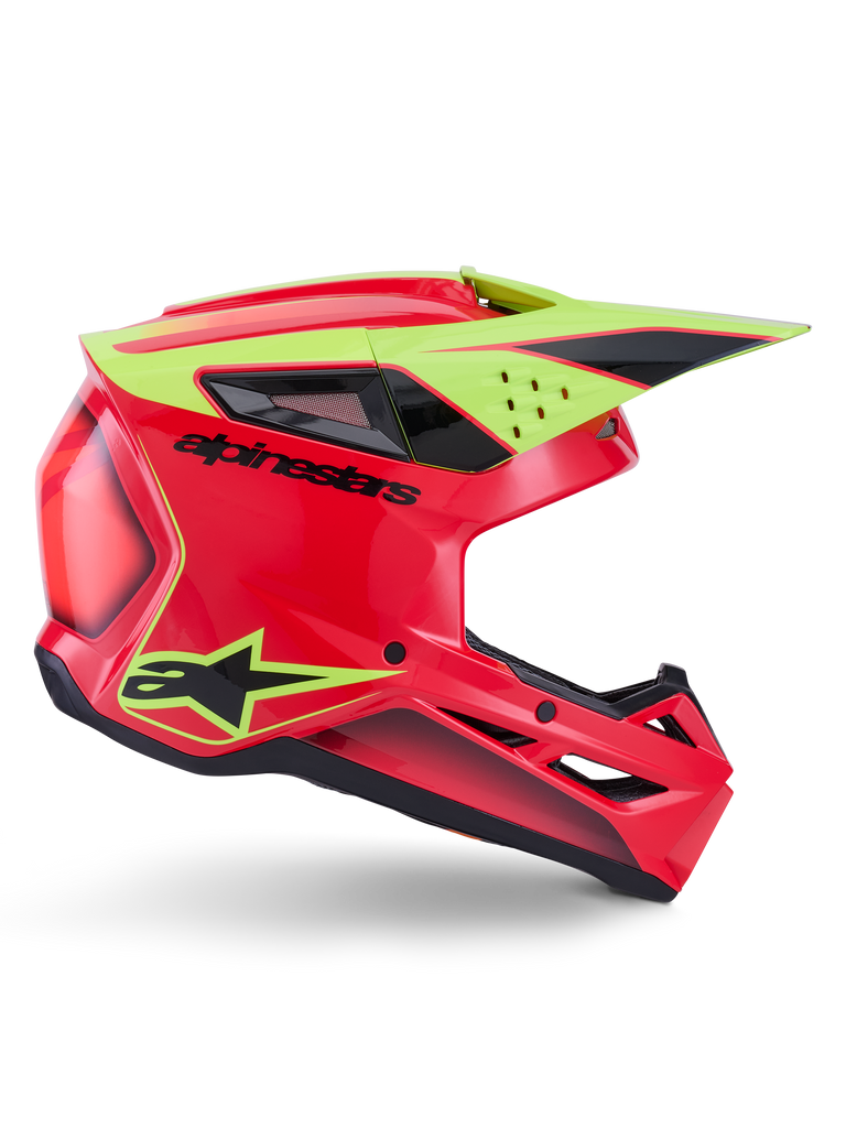 Alpinestars S-M3 Fray Helmet ECE 22.06, Motocross Helmet, Red Yellow Fluo Black Glossy, side profile view featuring aerodynamic shell, multiple ventilation ports, bold black branding, and high-visibility yellow visor