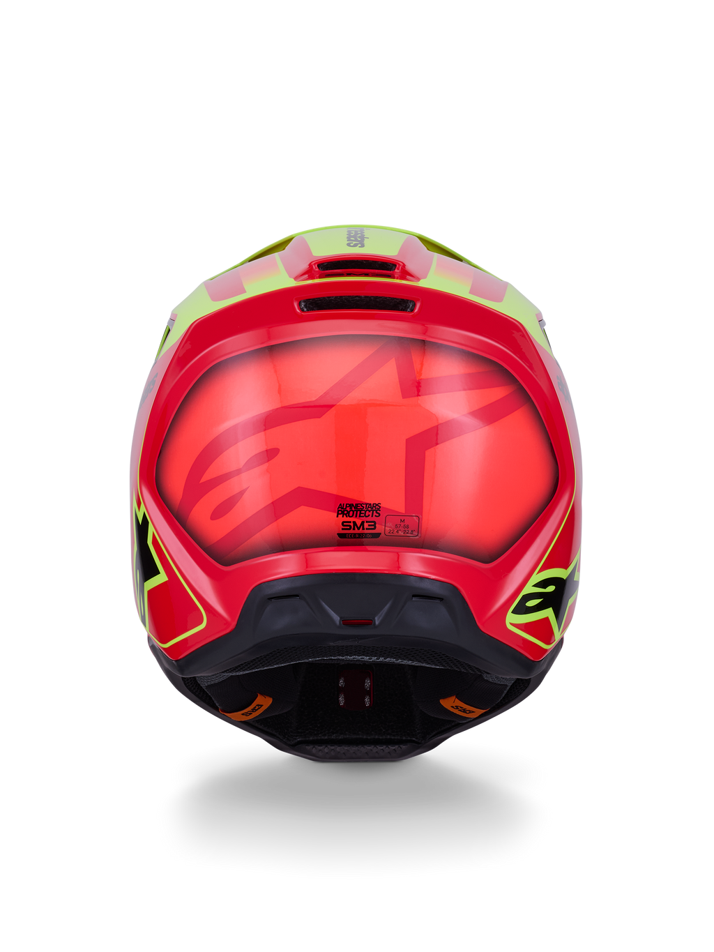 Alpinestars S-M3 Fray hjelm ECE 22.06, motocrosshjelm, rød gul fluo sort blank, set bagfra med blank aerodynamisk skal, markant rød og fluorescerende gul grafik, integrerede ventilationsporte og sikkerhedscertificeringsmærker