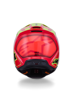 Alpinestars S-M3 Fray hjelm ECE 22.06, motocrosshjelm, rød gul fluo sort blank, set bagfra med blank aerodynamisk skal, markant rød og fluorescerende gul grafik, integrerede ventilationsporte og sikkerhedscertificeringsmærker