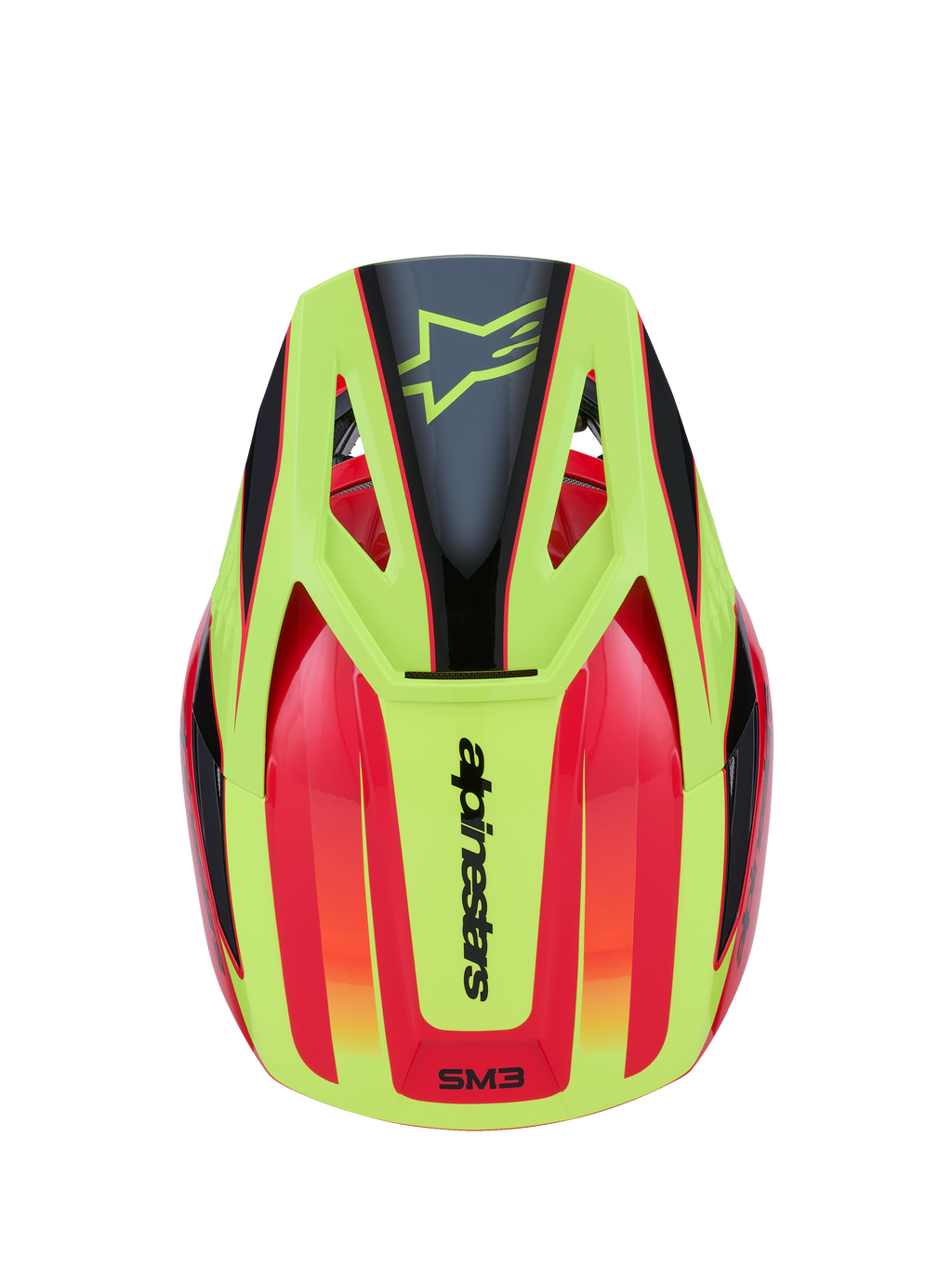 Alpinestars S-M3 Fray hjelm, motocrosshjelm, rød, fluoriserende gul og blank sort, set fra oven med levende grafisk design, sort stjernelogo på den gule skygge og Alpinestars-branding bagpå