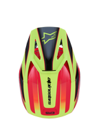 Alpinestars S-M3 Fray hjelm, motocrosshjelm, rød, fluoriserende gul og blank sort, set fra oven med levende grafisk design, sort stjernelogo på den gule skygge og Alpinestars-branding bagpå