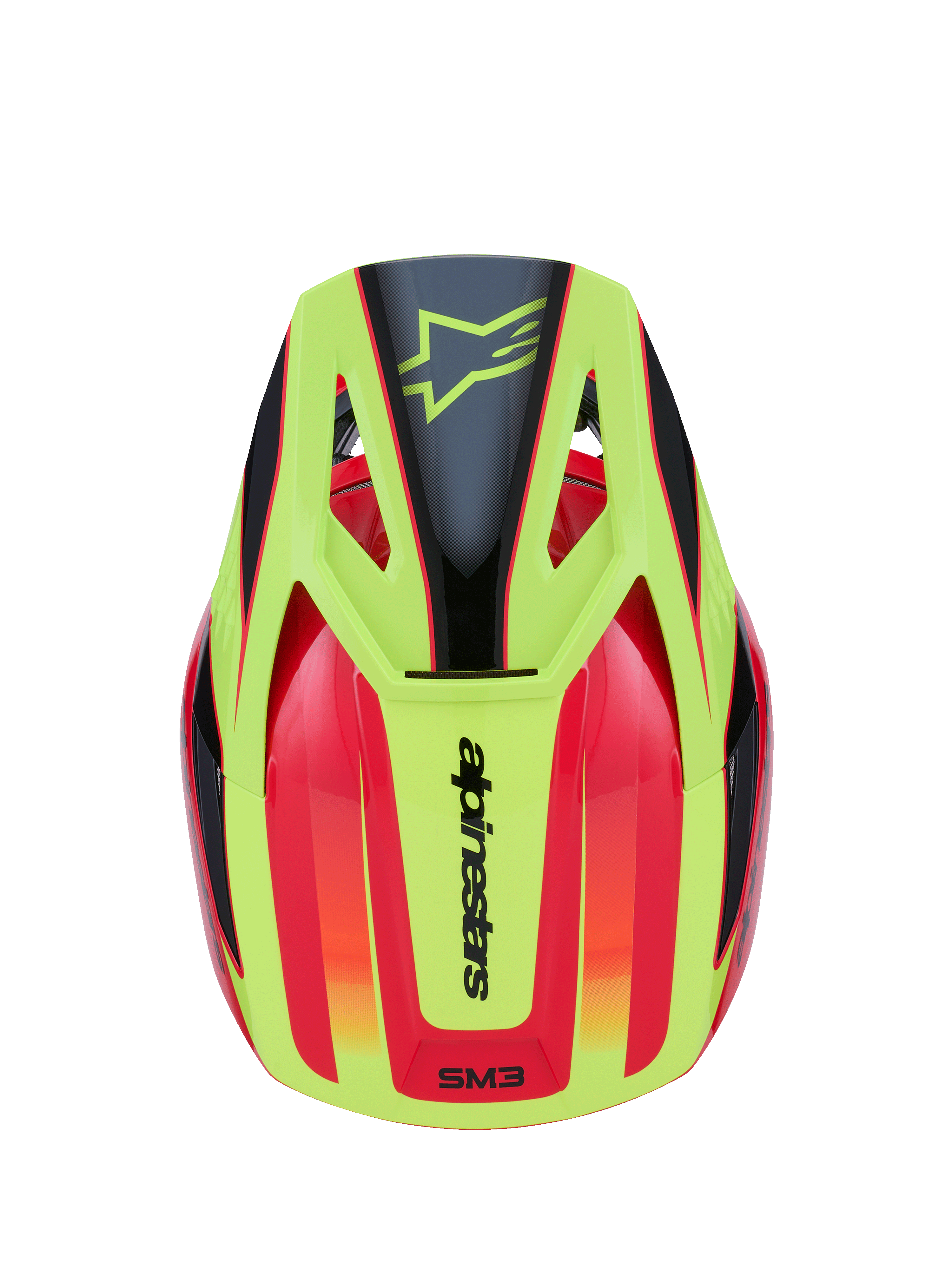 Alpinestars S-M3 Fray hjelm, motocrosshjelm, rød, fluoriserende gul og blank sort, set fra oven med levende grafisk design, sort stjernelogo på den gule skygge og Alpinestars-branding bagpå
