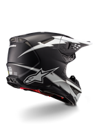 Alpinestars Supertech M10 Ampress hjelm, motocrosshjelm, sort og hvid mat, med markante hvide lyngrafikker på en matsort skal, set trekvart bagfra, der viser Alpinestars-branding og ventilationsåbninger