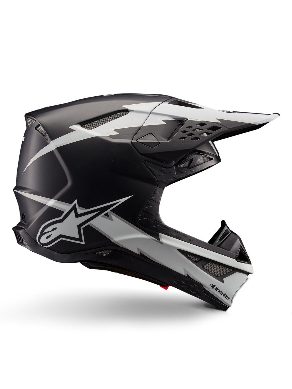 Alpinestars Supertech M10 Ampress hjelm, motocross racinghjelm, sort og hvid mat, aerodynamisk profil med hvide lyngrafikker, adskillige ventilationsåbninger, udvidet skygge, kulfiberkonstruktion med mat finish