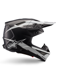 Alpinestars Supertech M10 Ampress hjelm, motocross racinghjelm, sort og hvid mat, aerodynamisk profil med hvide lyngrafikker, adskillige ventilationsåbninger, udvidet skygge, kulfiberkonstruktion med mat finish