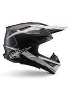 Alpinestars Supertech M10 Ampress hjelm, motocross racinghjelm, sort og hvid mat, aerodynamisk profil med hvide lyngrafikker, adskillige ventilationsåbninger, udvidet skygge, kulfiberkonstruktion med mat finish