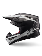 Alpinestars Supertech M10 Ampress hjelm, motocross-hjelm, matsort og hvid, profilvisning med markant hvid lyn-grafik, aerodynamisk skal med synlige ventilationsåbninger og visir, avanceret off-road beskyttelse