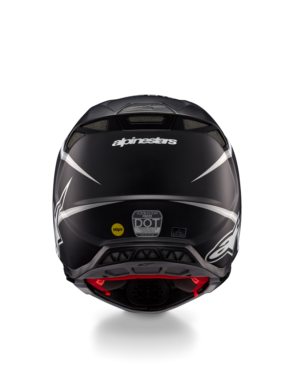 Alpinestars Supertech M10 Ampress-hjelm, motocross-hjelm, mat sort og hvid, set bagfra med Alpinestars-logo og certificeringsmærkater, aerodynamisk design med integrerede udluftningsåbninger