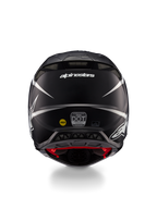 Alpinestars Supertech M10 Ampress-hjelm, motocross-hjelm, mat sort og hvid, set bagfra med Alpinestars-logo og certificeringsmærkater, aerodynamisk design med integrerede udluftningsåbninger