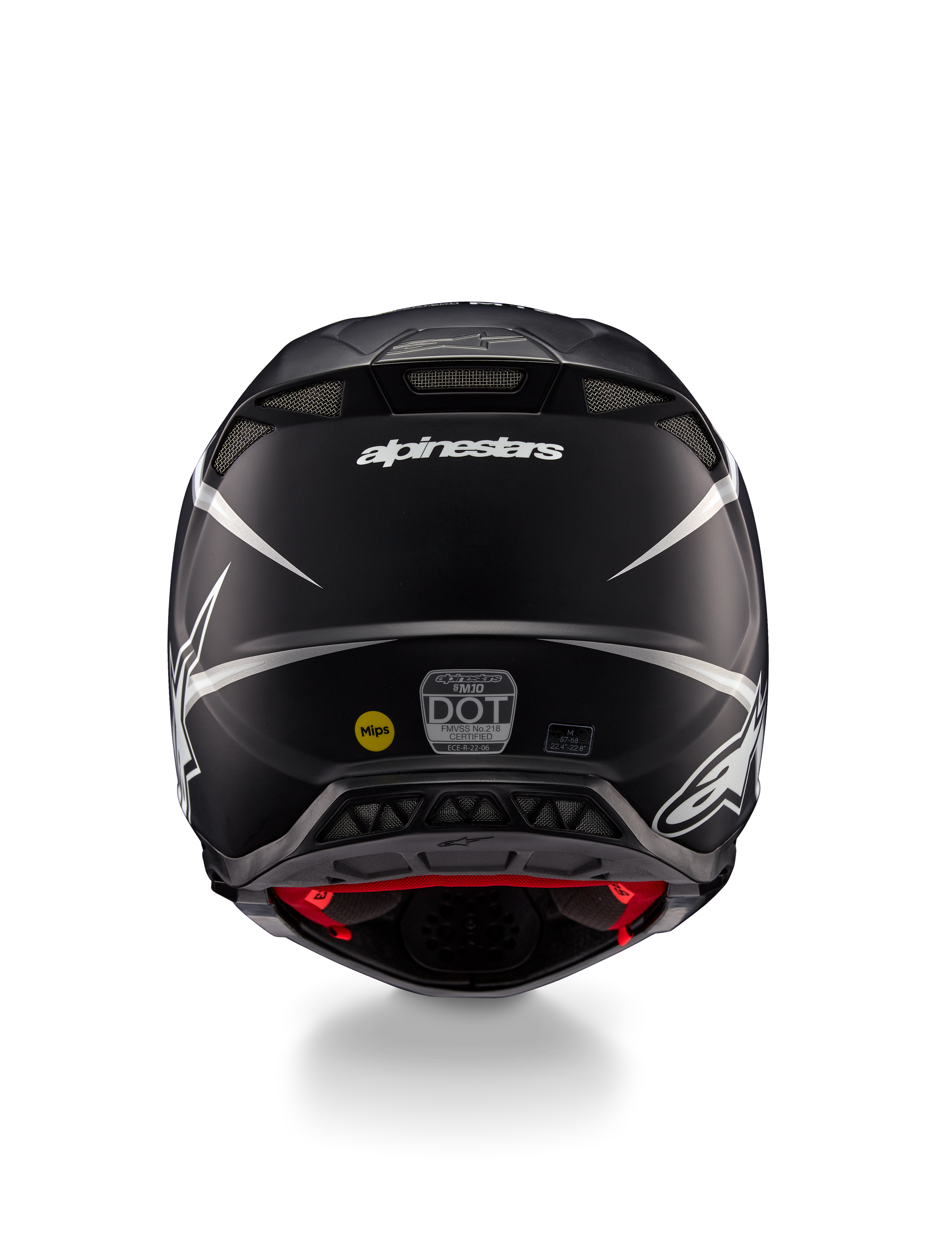 Alpinestars Supertech M10 Ampress-hjelm, motocross-hjelm, mat sort og hvid, set bagfra med Alpinestars-logo og certificeringsmærkater, aerodynamisk design med integrerede udluftningsåbninger