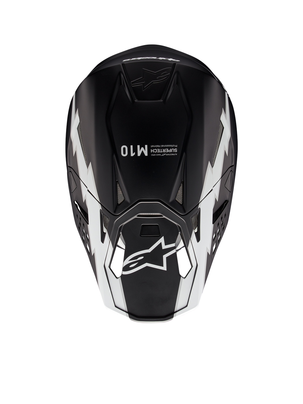 Alpinestars Supertech M10 Ampress hjelm, motocrosshjelm, mat sort og hvid, set oppefra med hvid geometrisk grafik, A-star-logo på visiret og Supertech M10-branding på toppen, aerodynamisk design til off-road præstation