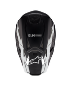 Alpinestars Supertech M10 Ampress hjelm, motocrosshjelm, mat sort og hvid, set oppefra med hvid geometrisk grafik, A-star-logo på visiret og Supertech M10-branding på toppen, aerodynamisk design til off-road præstation