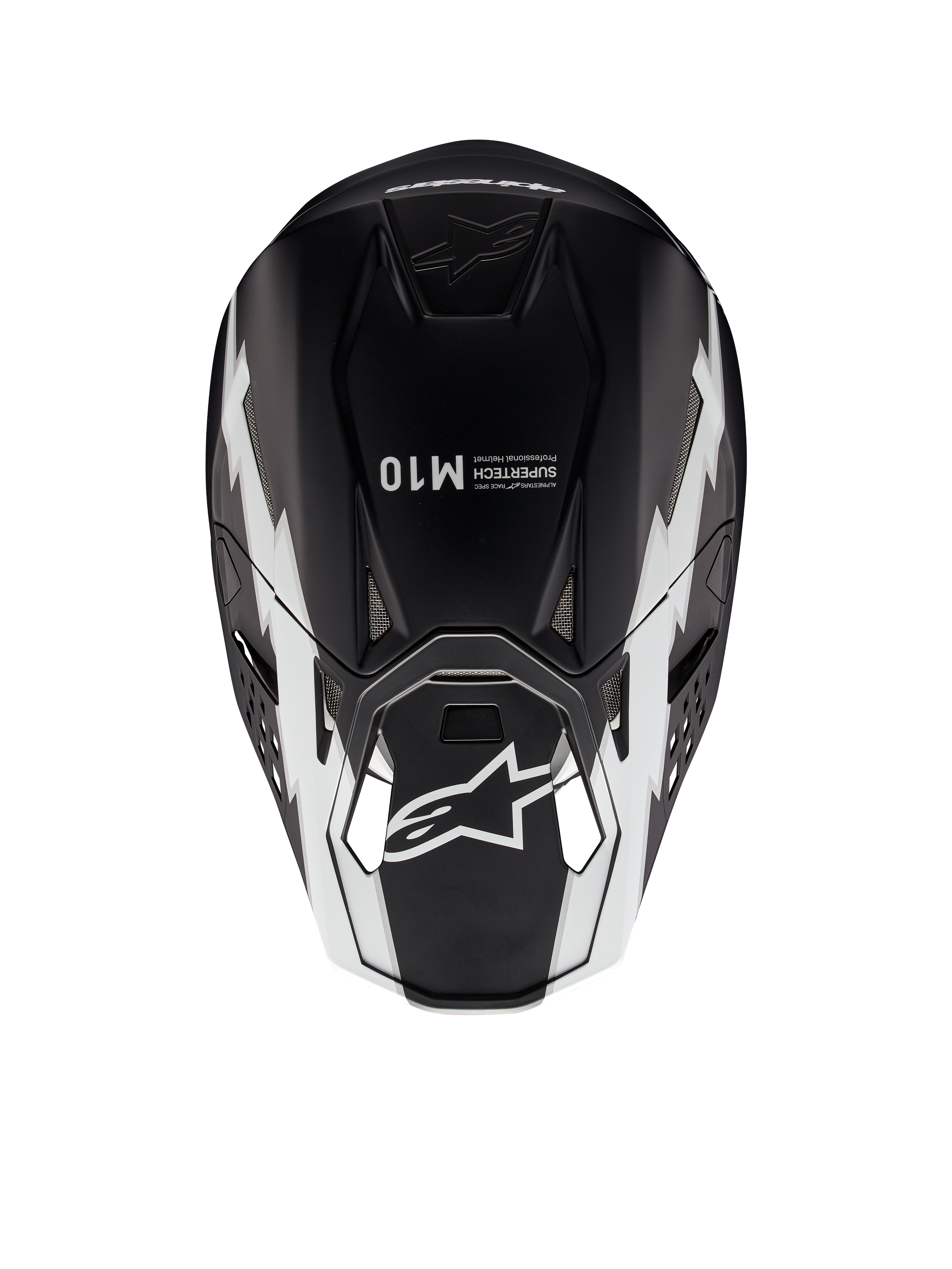Alpinestars Supertech M10 Ampress hjelm, motocrosshjelm, mat sort og hvid, set oppefra med hvid geometrisk grafik, A-star-logo på visiret og Supertech M10-branding på toppen, aerodynamisk design til off-road præstation
