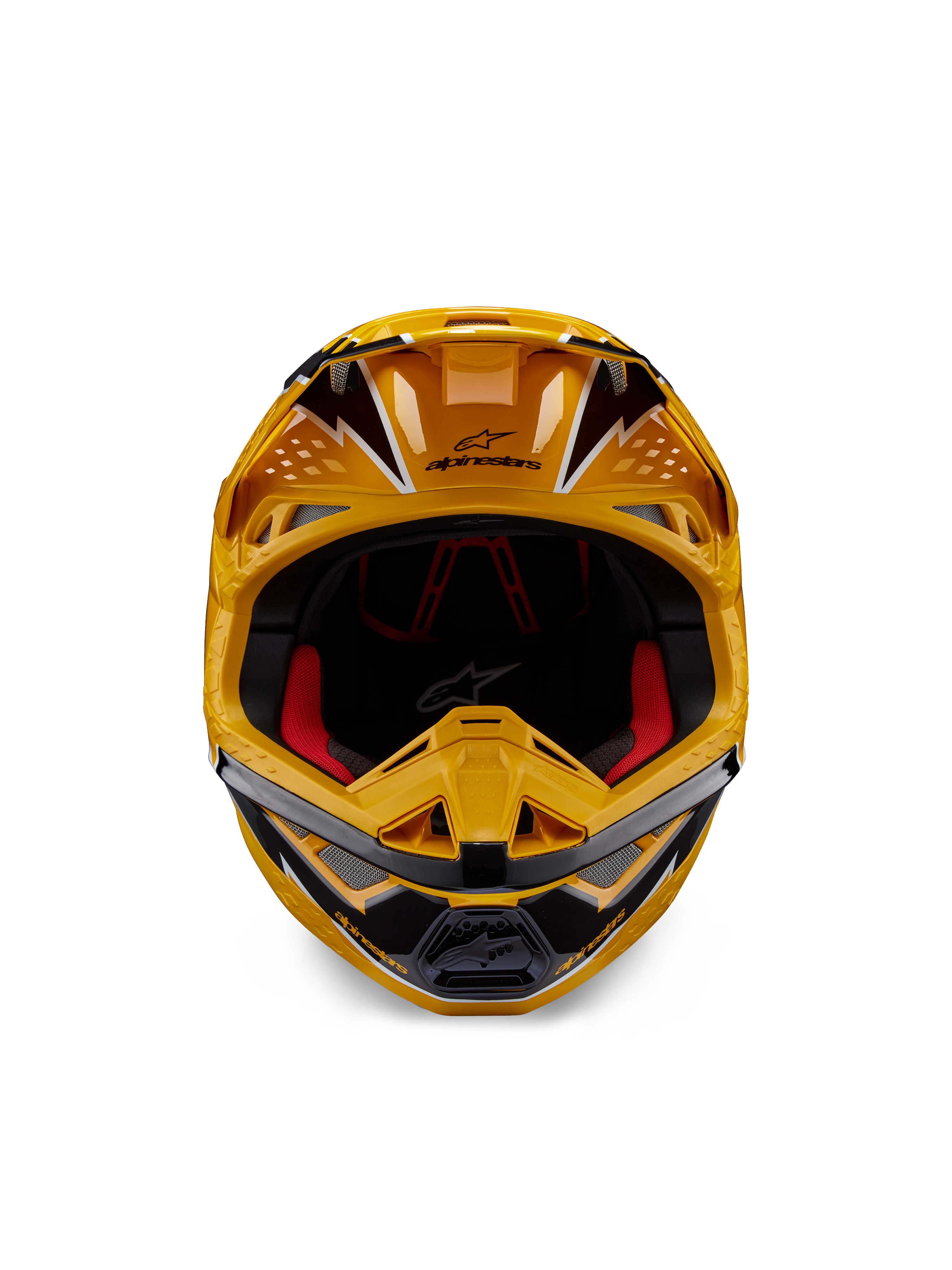 Alpinestars Supertech M10 Ampress Helmet, Motocross Helmet, Yellow and Black Glossy, Frontal view showing bold angular graphics, Alpinestars logo on peak, red interior padding, aerodynamic shell for professional motocross racing