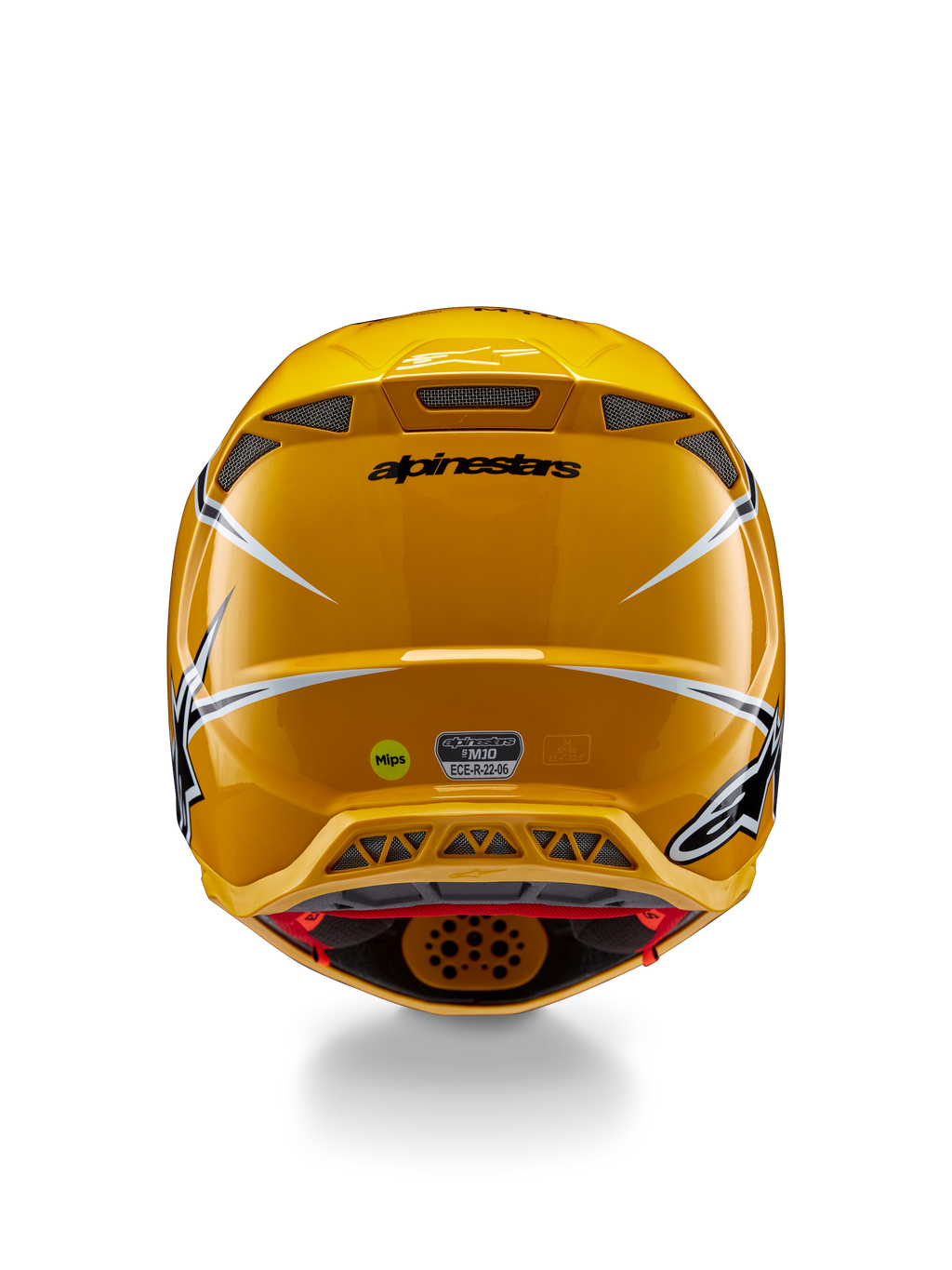 Alpinestars Supertech M10 Ampress Helmet, Rear view, Glossy Yellow with black and white accents, featuring rear exhaust vents, MIPS and ECE 22.06 stickers, professional motocross head protection