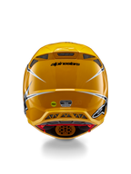 Alpinestars Supertech M10 Ampress Helmet, Rear view, Glossy Yellow with black and white accents, featuring rear exhaust vents, MIPS and ECE 22.06 stickers, professional motocross head protection