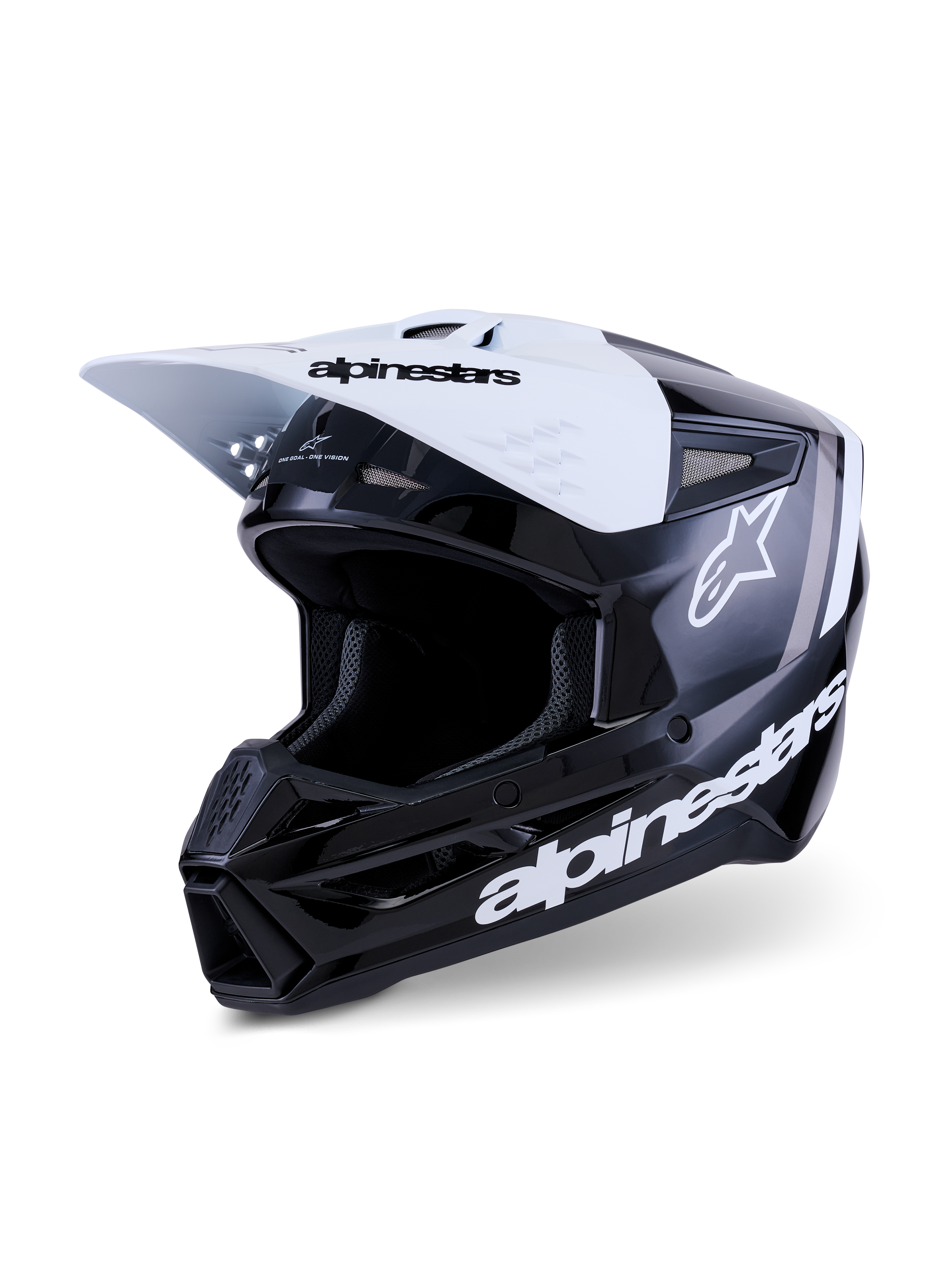 Alpinestars S-M3 Radium hjelm, motocross-hjelm, sort, hvid og grå blank finish, med hvidt visir med sort branding, blank sort skal med fremtrædende hvide Alpinestars-logoer og grå grafikdetaljer, aerodynamisk design til off-road racing