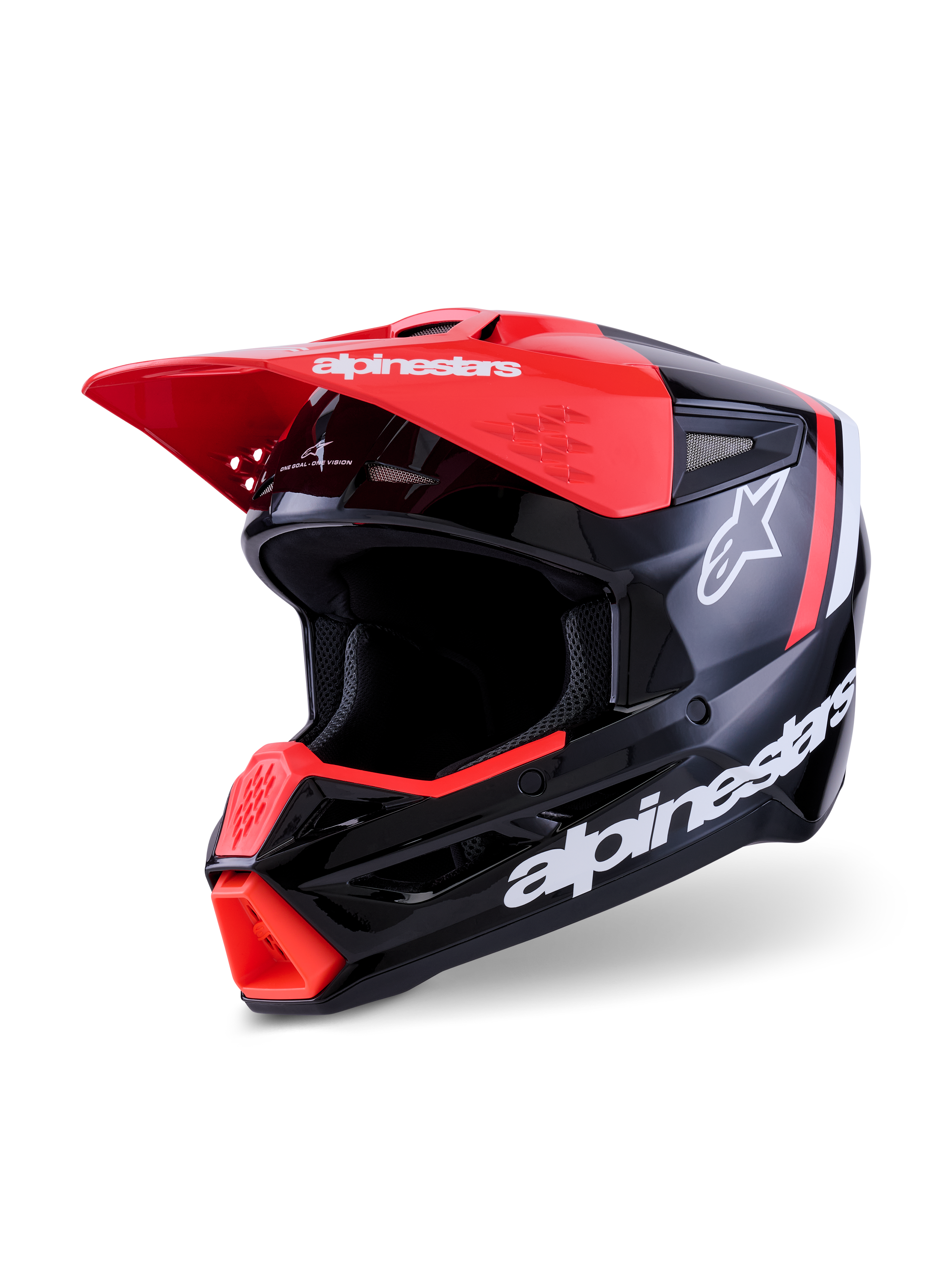 Alpinestars S-M3 Radium hjelm, motocrosshjelm, sort, fluorød og hvid blank, højglans finish med markant hvidt Alpinestars-branding og stjernelogo, udstyret med en klar rød visirskygge og hageventilation, konstrueret til off-road beskyttelse.