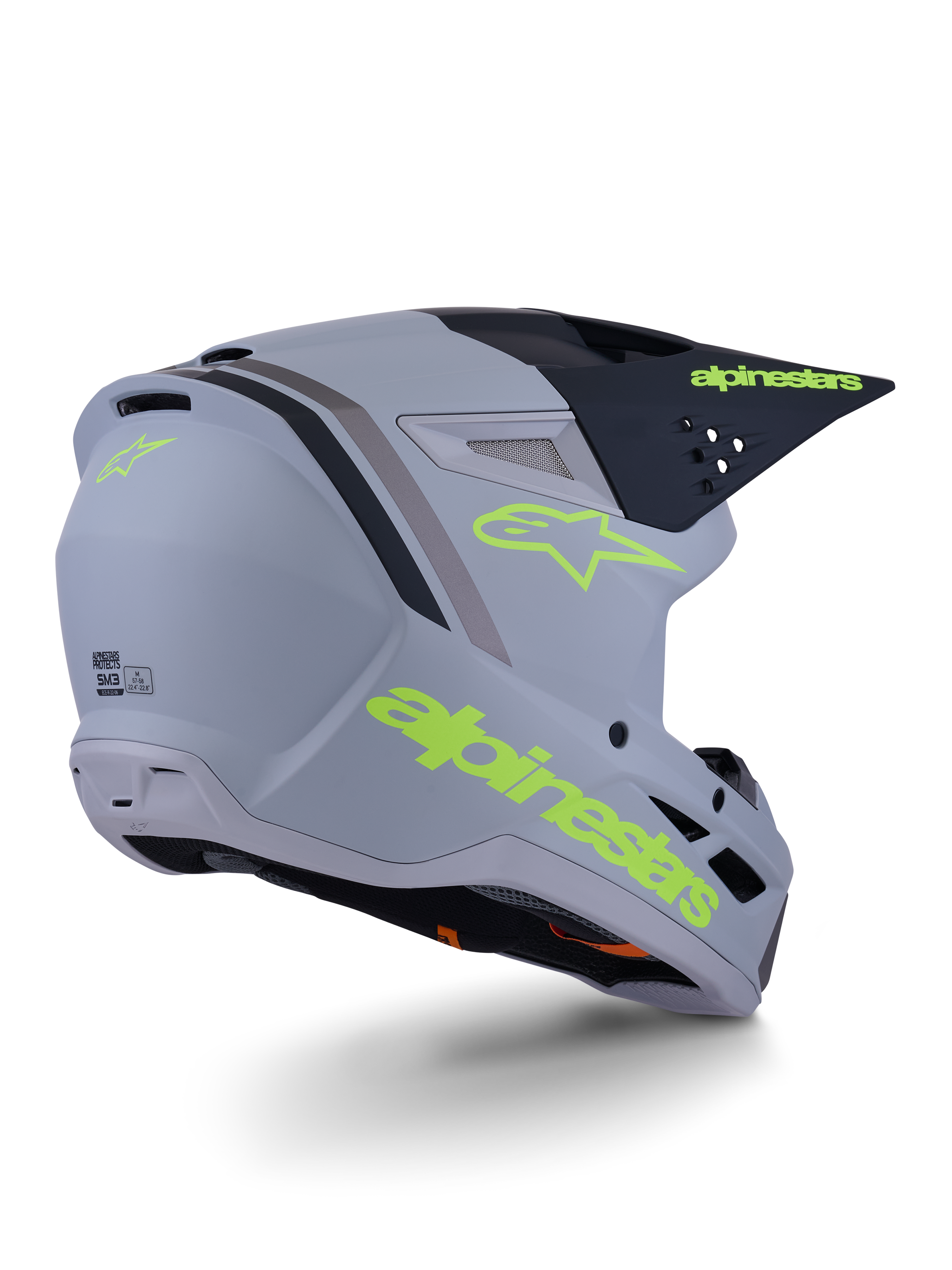 Alpinestars S-M3 Radium hjelm, motocross-hjelm, grå, sort og gul fluo mat, full-face design med kantet skal, fremtrædende visir og ventilationsåbninger, mat finish med markant grafik
