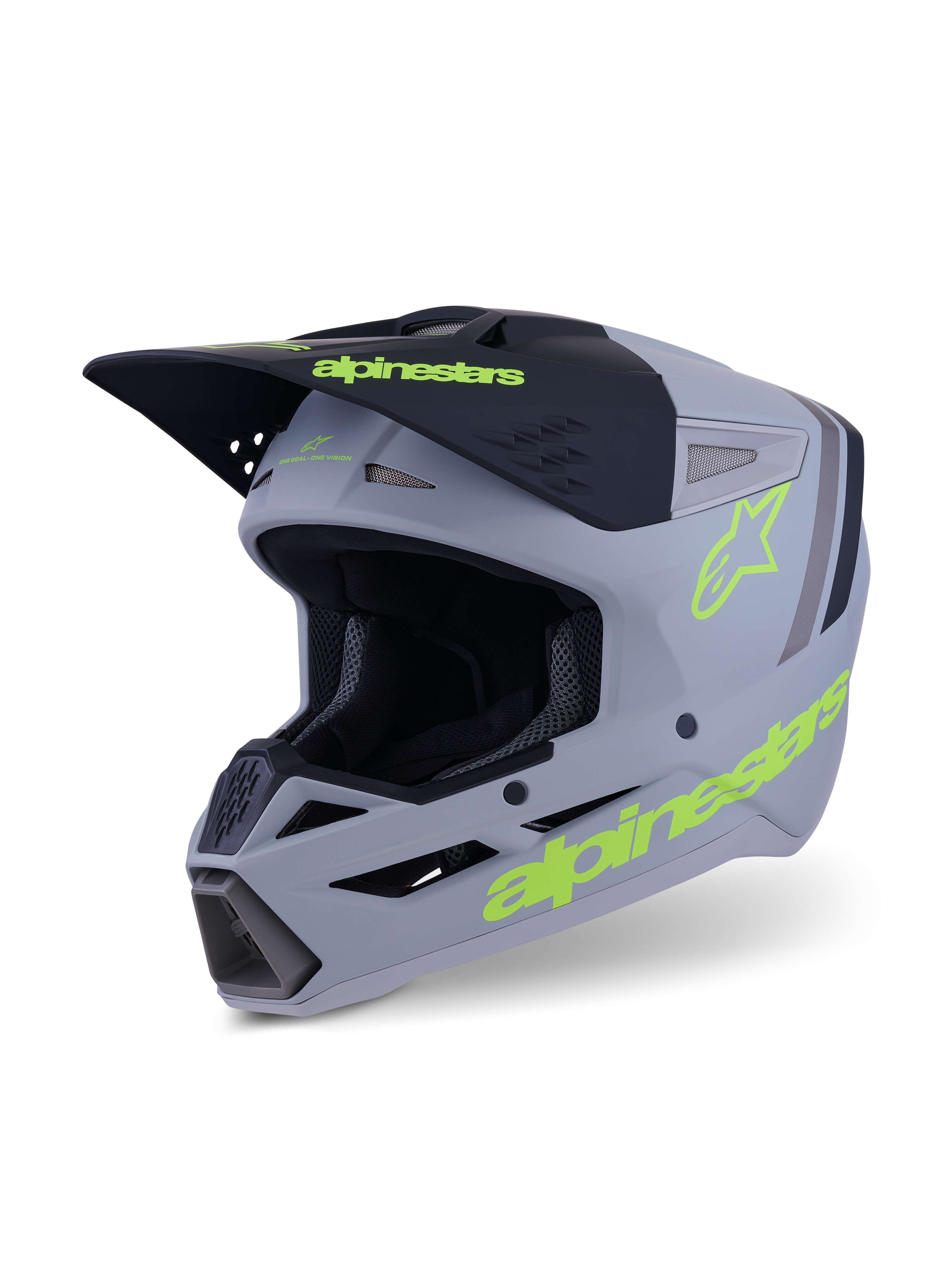 Alpinestars S-M3 Radium hjelm, motocross- og enduro-hjelm, grå, sort og neon gul fluo mat, trefjerdedels visning, der viser aggressivt skaldesign, ventilerede indtagsporte og markante gule logoer