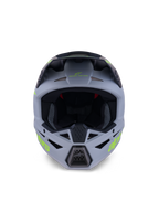 Alpinestars S-M3 Radium hjelm, full-face motocross-hjelm, mat grøn og sort med fluorgul branding, set forfra med fokus på ventilationsåbninger ved hage og pande samt en stor åbning til ansigtet, professionelt beskyttelsesudstyr til off-road kørsel.