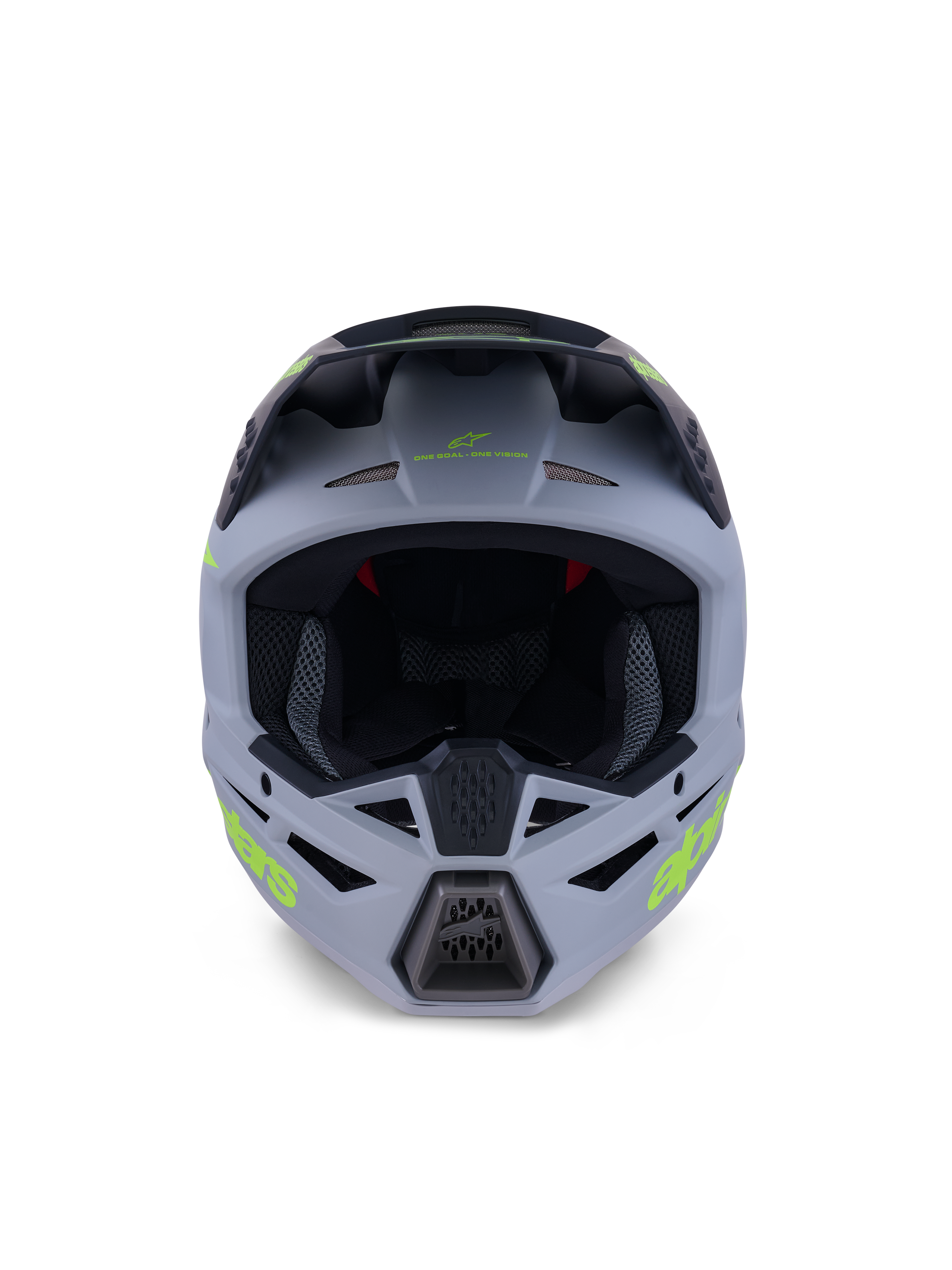 Alpinestars S-M3 Radium hjelm, full-face motocross-hjelm, mat grøn og sort med fluorgul branding, set forfra med fokus på ventilationsåbninger ved hage og pande samt en stor åbning til ansigtet, professionelt beskyttelsesudstyr til off-road kørsel.