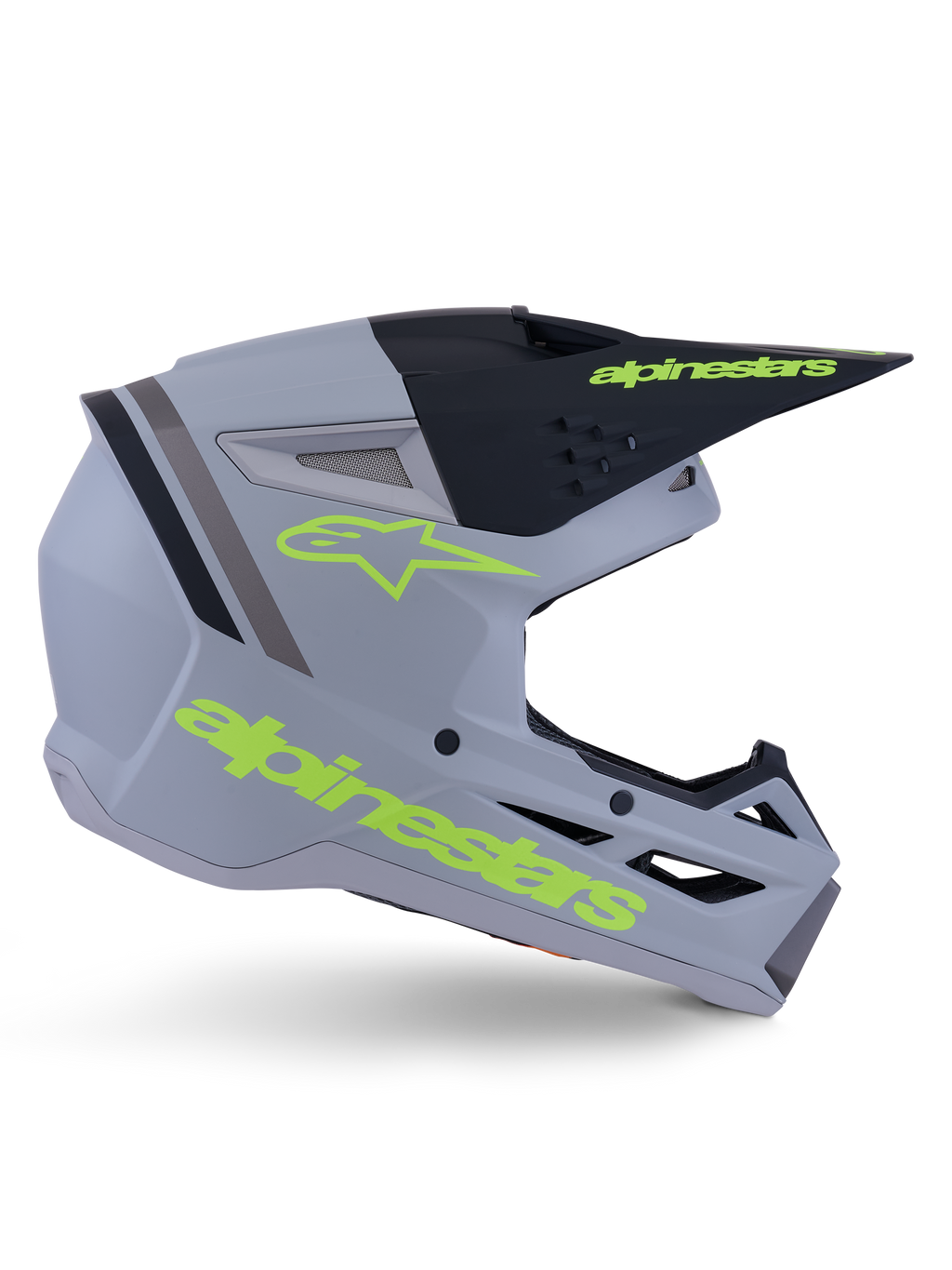 Alpinestars S-M3 Radium hjelm ECE 22.06, motocross-hjelm, mat grå, sort og gul fluo, kantet aerodynamisk design med skygge og integreret ventilationssystem