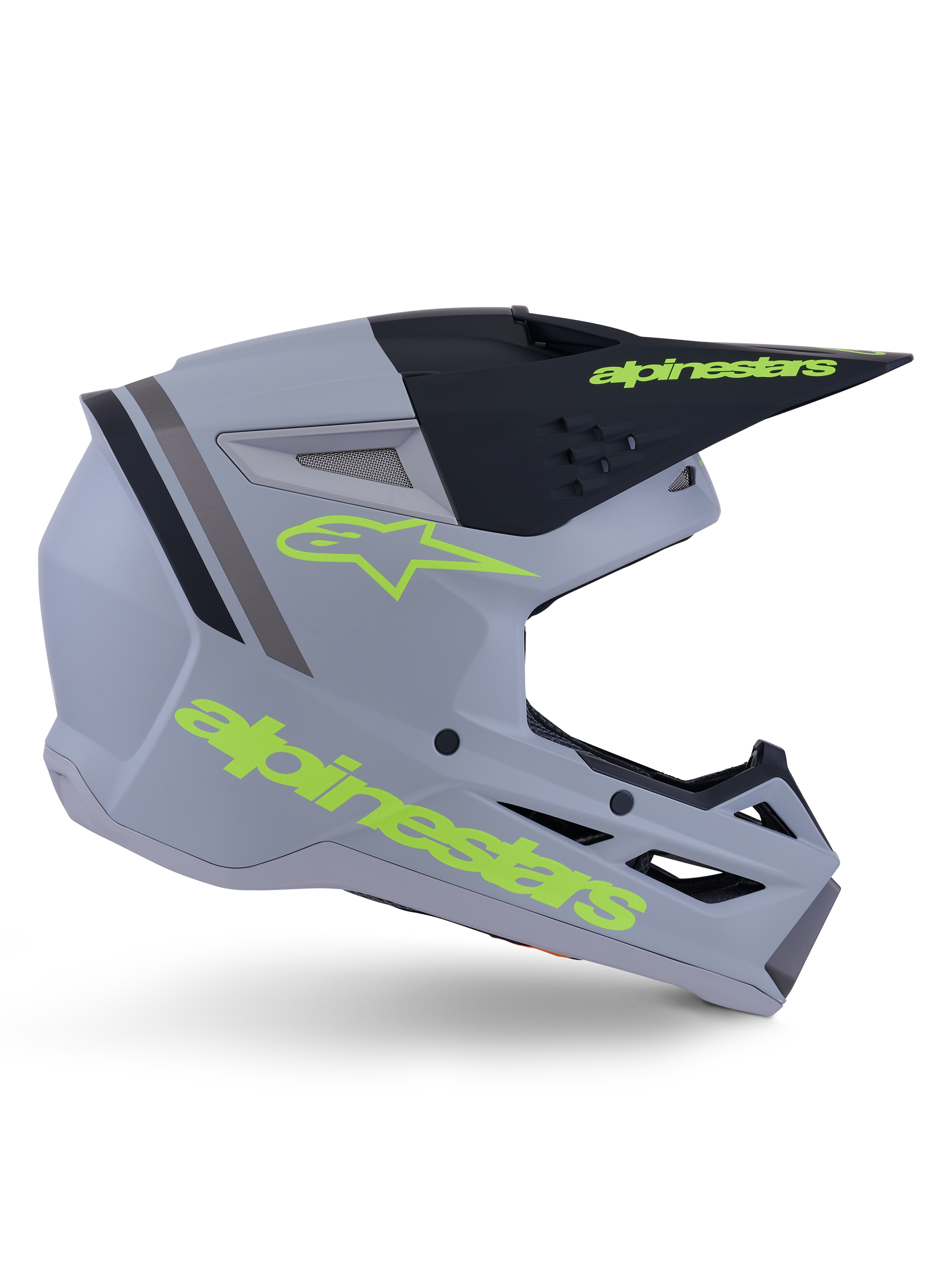 Alpinestars S-M3 Radium hjelm ECE 22.06, motocross-hjelm, mat grå, sort og gul fluo, kantet aerodynamisk design med skygge og integreret ventilationssystem