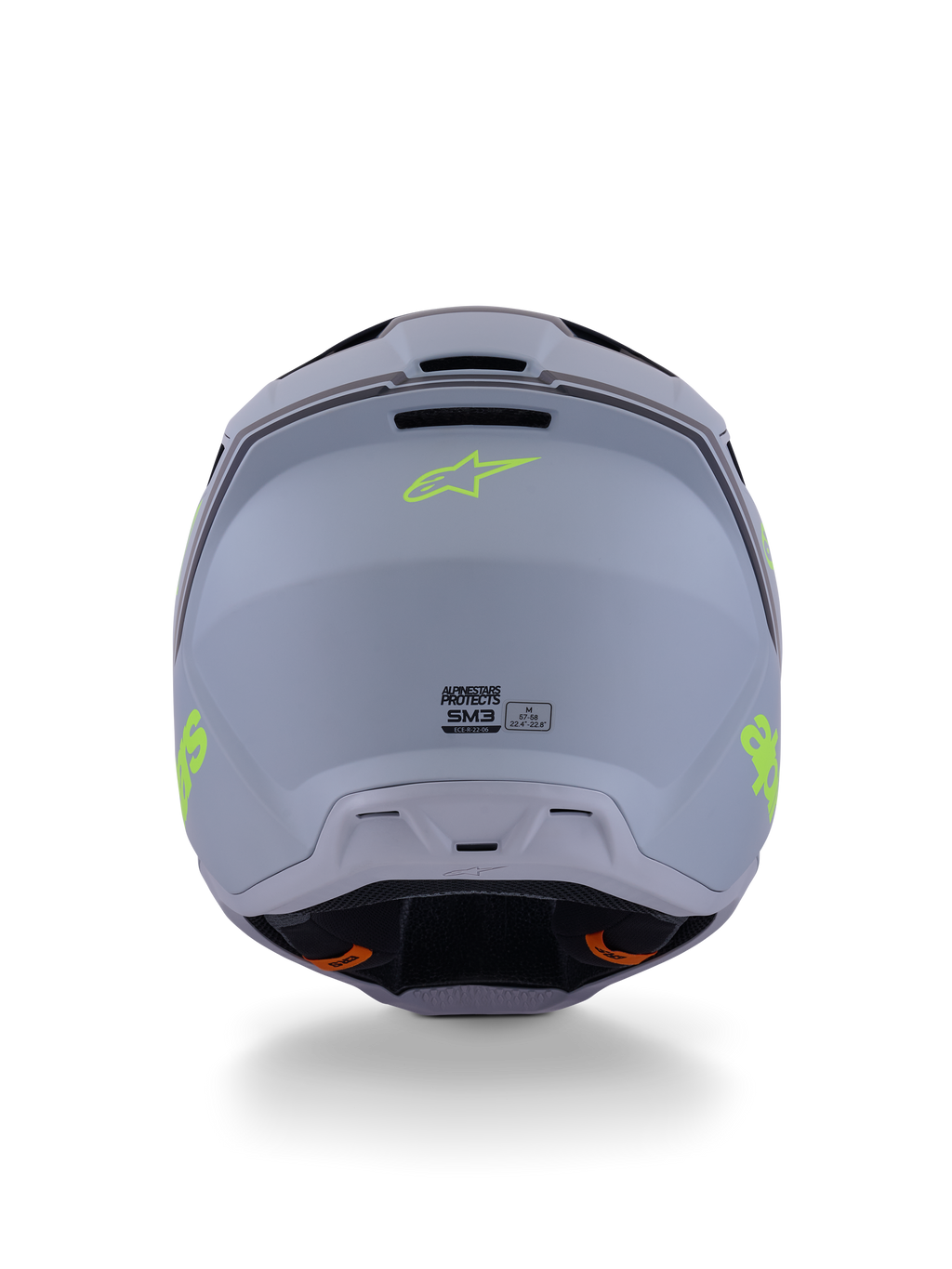 Alpinestars S-M3 Radium hjelm, motocrosshjelm, grøn, sort og neongul mat, set bagfra med mat finish på skallen, neongult Alpinestars-logo og ECE 22.06-certificeringsdetaljer