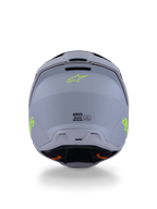 Alpinestars S-M3 Radium hjelm, motocrosshjelm, grøn, sort og neongul mat, set bagfra med mat finish på skallen, neongult Alpinestars-logo og ECE 22.06-certificeringsdetaljer