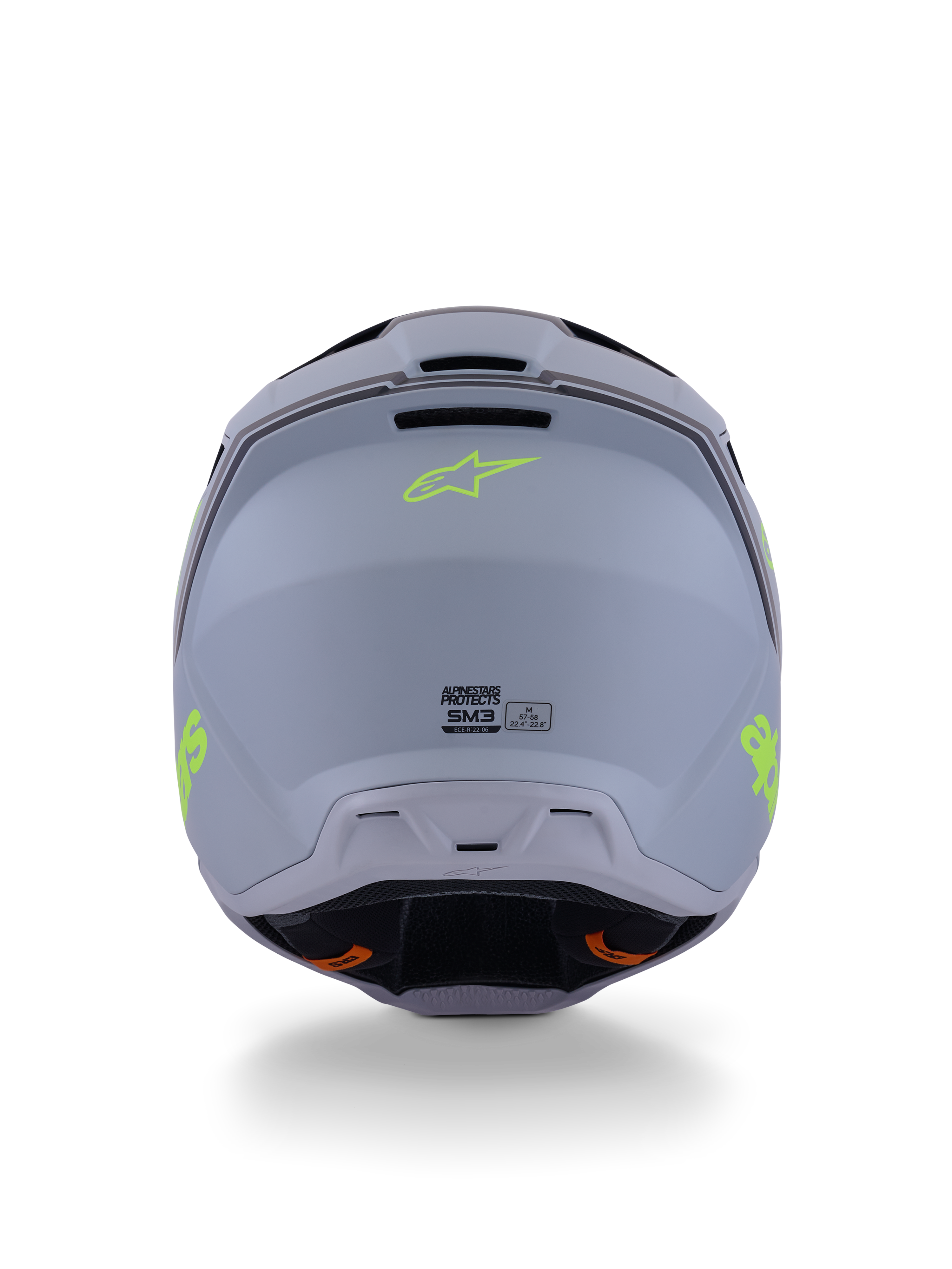 Alpinestars S-M3 Radium hjelm, motocrosshjelm, grøn, sort og neongul mat, set bagfra med mat finish på skallen, neongult Alpinestars-logo og ECE 22.06-certificeringsdetaljer