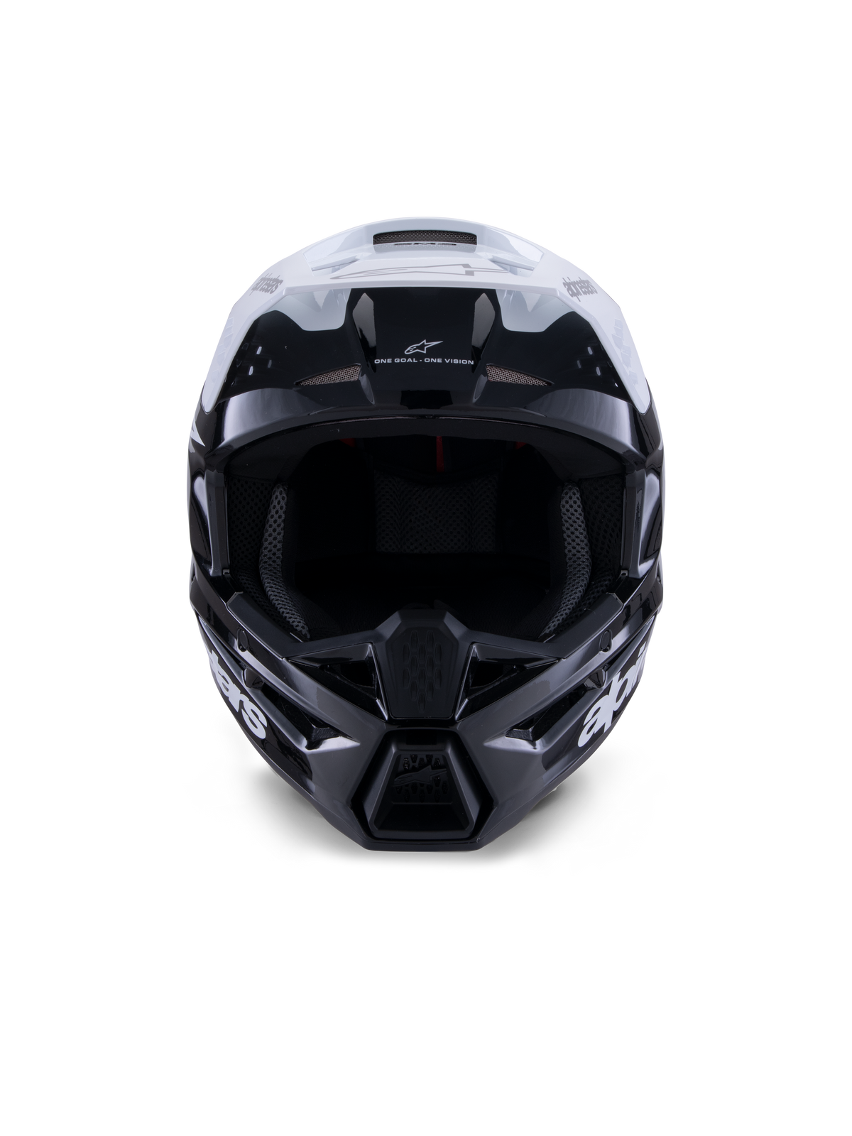 Alpinestars S-M3 Radium hjelm, motocrosshjelm, blank sort, hvid og grå, set forfra, med et aggressivt skaldesign, hvidt visir, sort hagebeskytter og netforede ventilationsåbninger.