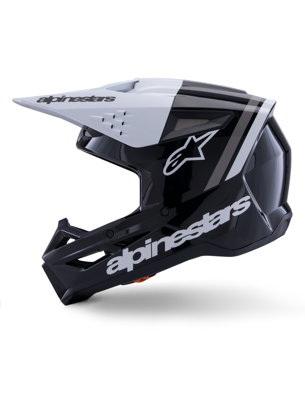 Alpinestars S-M3 Radium hjelm ECE 22.06, sideprofil, blank sort og hvid finish, grå racerstriber, hvidt Alpinestars-logo på siden og hageområdet, ventileret design til motocross og enduro