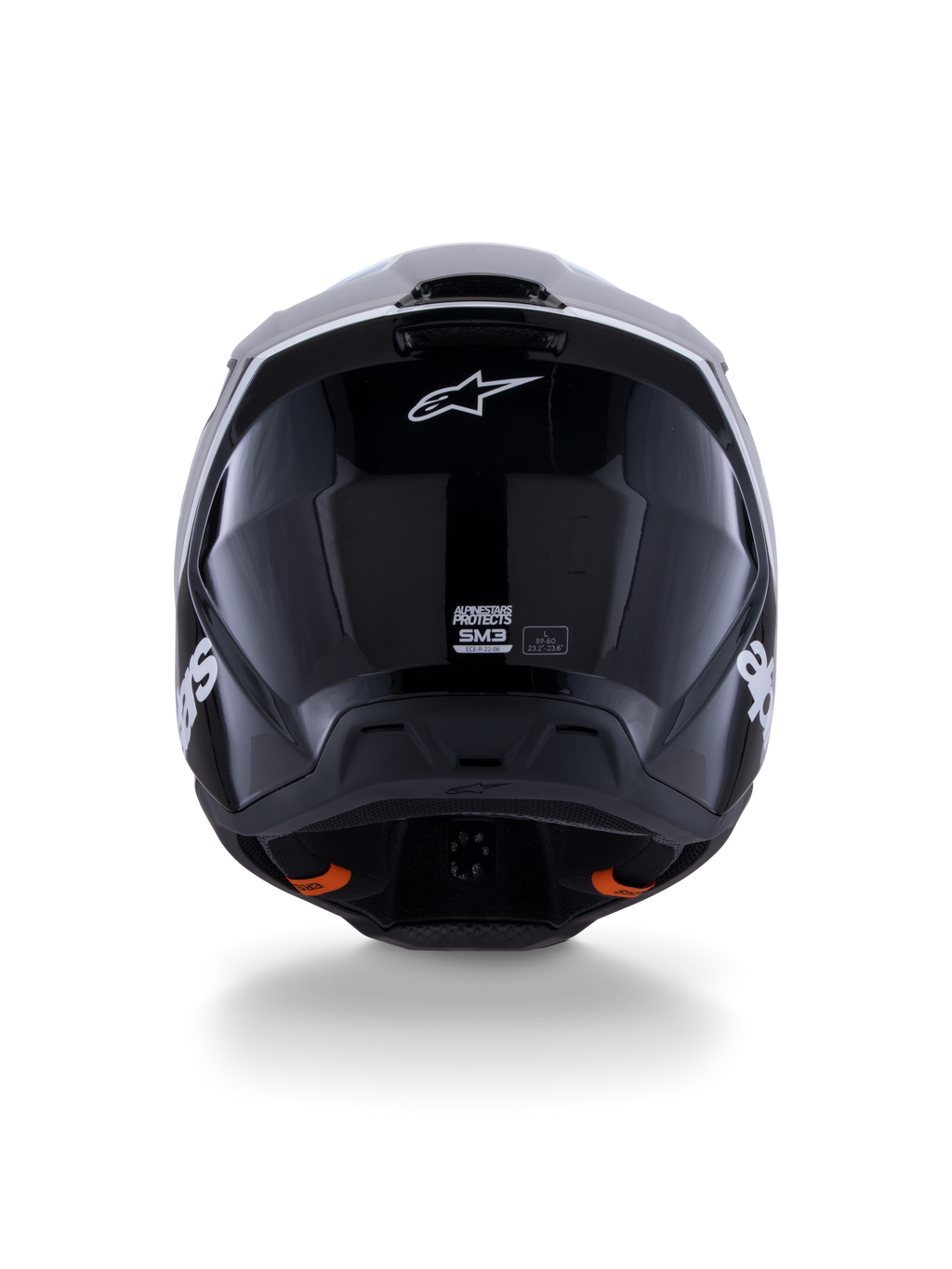 Alpinestars S-M3 Radium hjelm ECE 22.06, motocross-hjelm, sort hvid grå blank, set bagfra med blank sort finish, Alpinestars stjerne-logo, ventilationsudstødningsporte og ECE-certificeringsmærke.