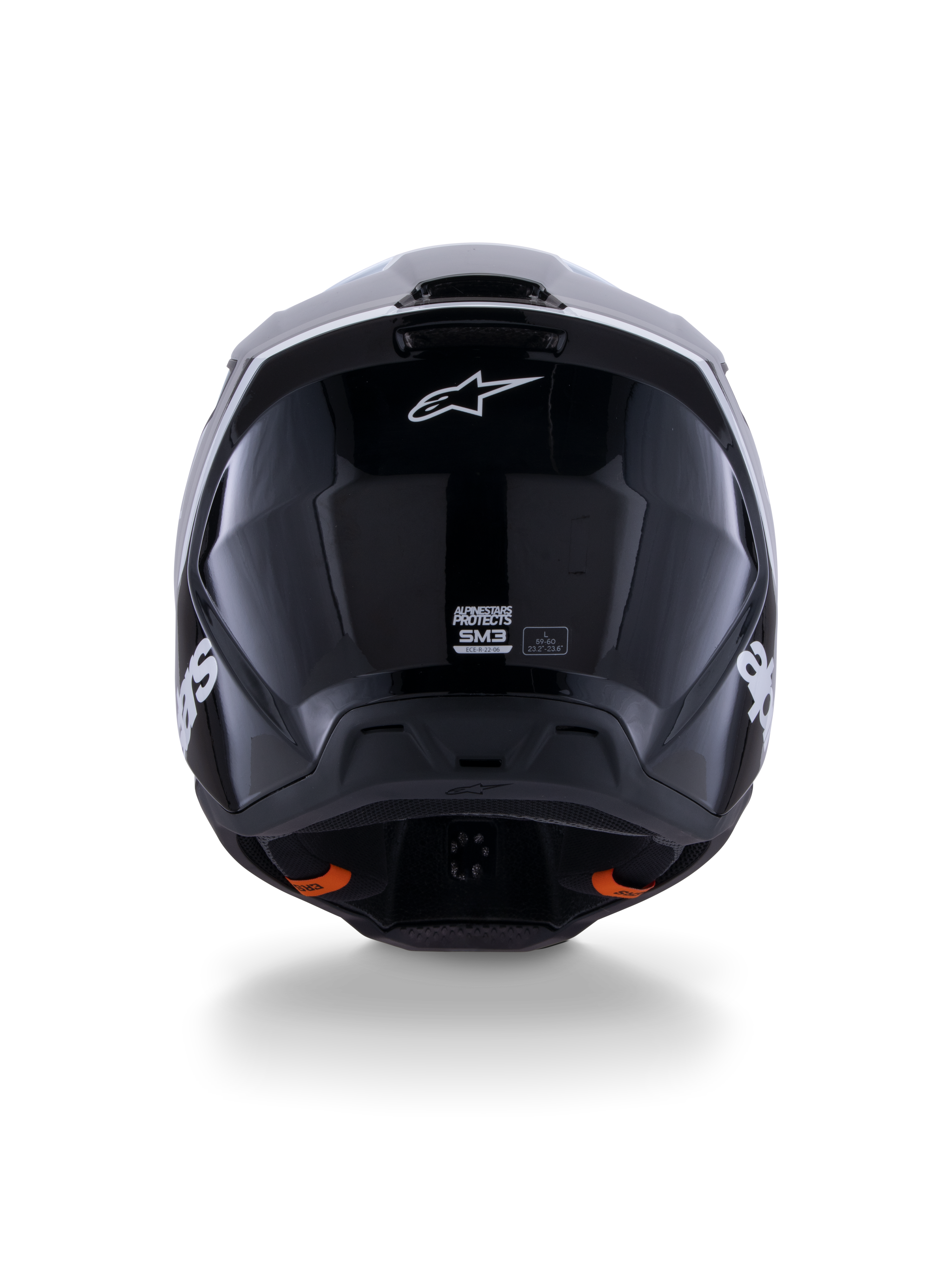 Alpinestars S-M3 Radium hjelm ECE 22.06, motocross-hjelm, sort hvid grå blank, set bagfra med blank sort finish, Alpinestars stjerne-logo, ventilationsudstødningsporte og ECE-certificeringsmærke.