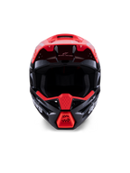 Alpinestars S-M3 Radium hjelm ECE 22.06, motocrosshjelm, blank sort med fluorescerende røde og hvide detaljer, set forfra, der viser den aerodynamiske skal, integreret visir og beskyttende hageparti med tydelig Alpinestars-branding.
