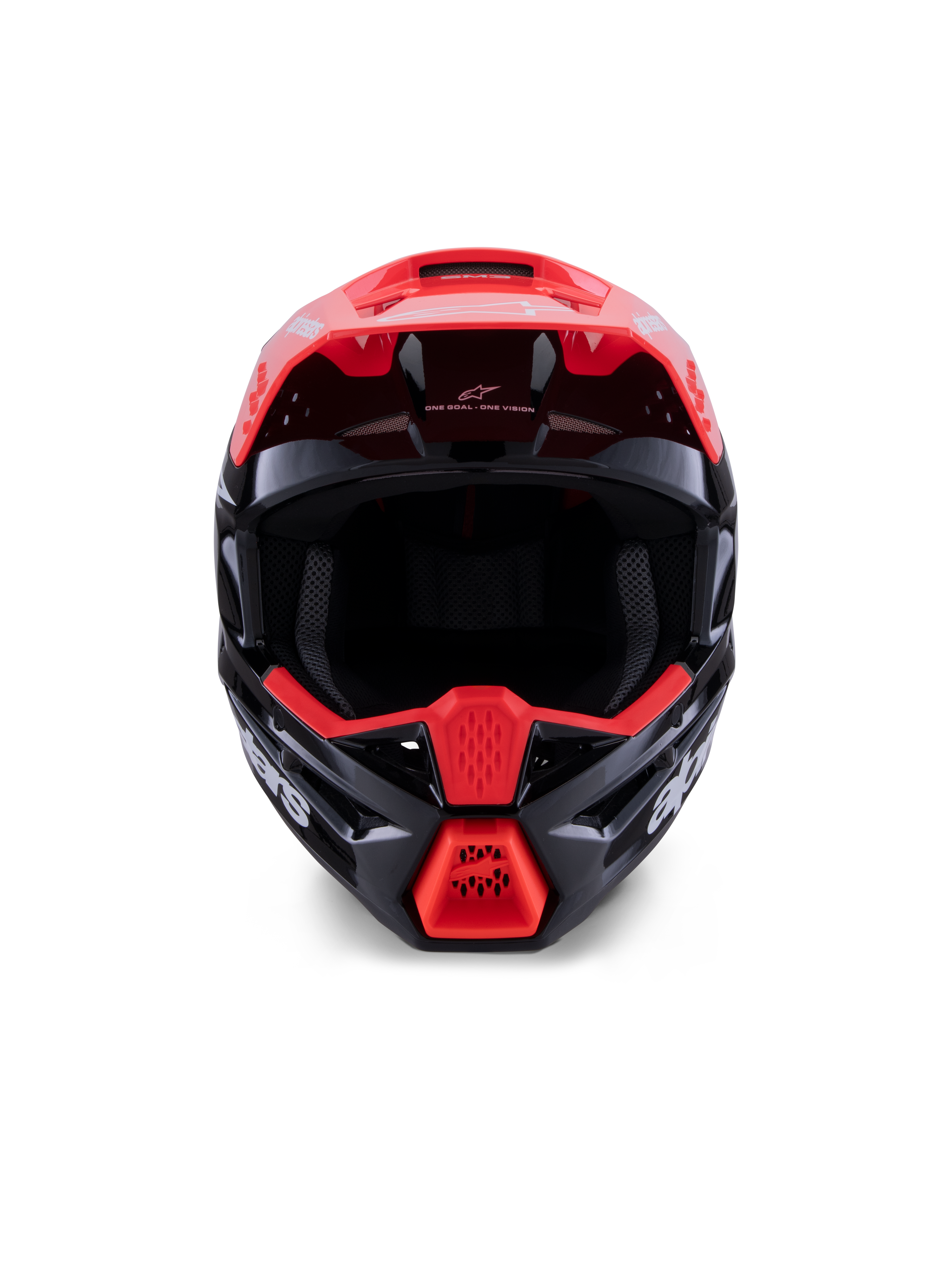Alpinestars S-M3 Radium hjelm ECE 22.06, motocrosshjelm, blank sort med fluorescerende røde og hvide detaljer, set forfra, der viser den aerodynamiske skal, integreret visir og beskyttende hageparti med tydelig Alpinestars-branding.