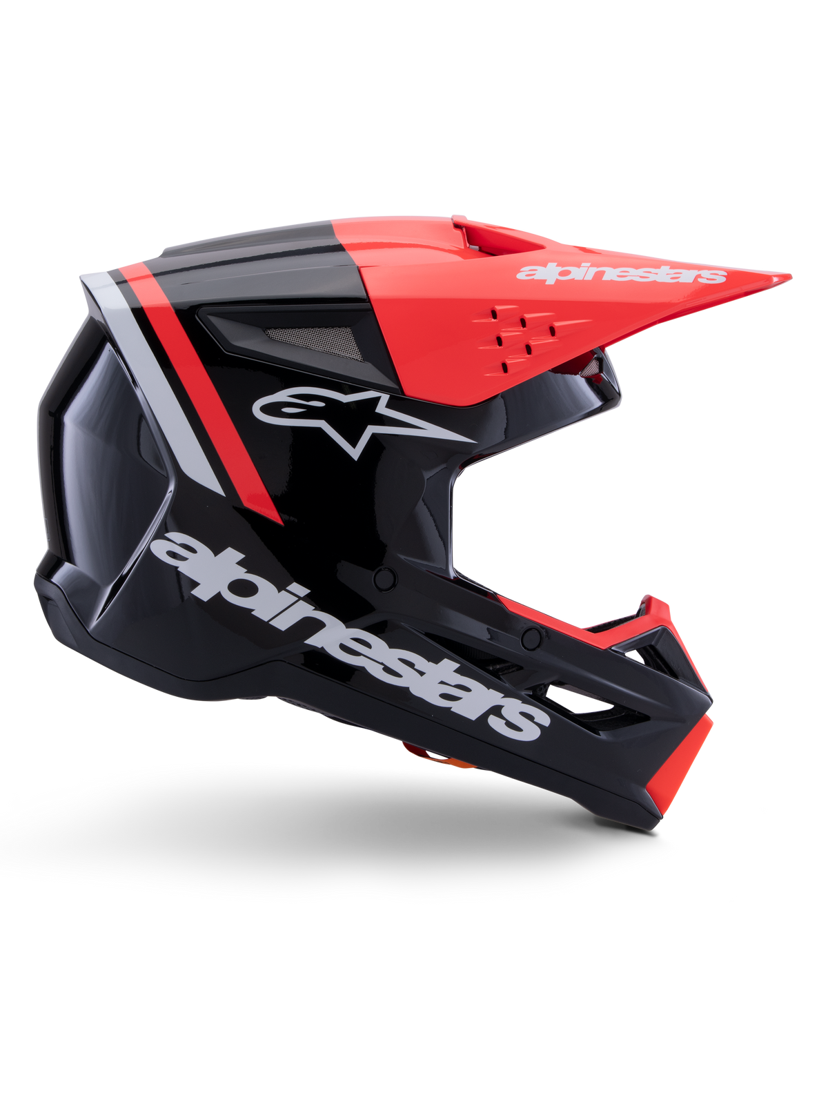 Alpinestars S-M3 Radium hjelm, motocross-hjelm, sort, fluo-rød og blank hvid, med et aerodynamisk design, kantet visir, ventilationsåbninger og blank finish, førsteklasses beskyttelse til motorsport