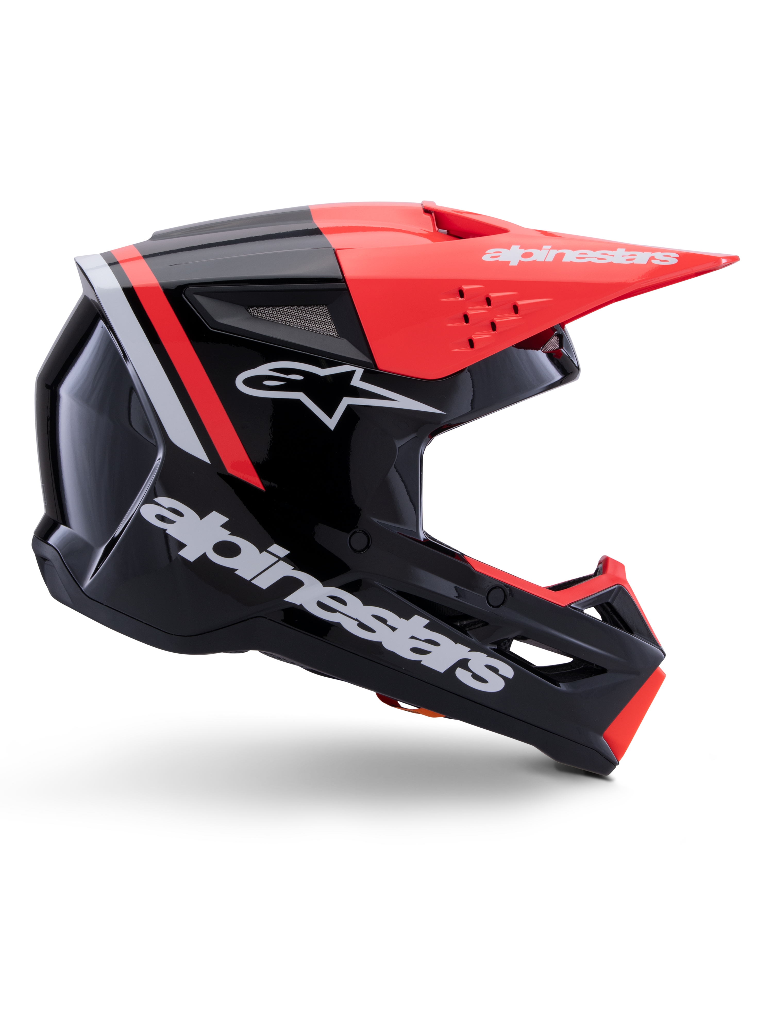 Alpinestars S-M3 Radium hjelm, motocross-hjelm, sort, fluo-rød og blank hvid, med et aerodynamisk design, kantet visir, ventilationsåbninger og blank finish, førsteklasses beskyttelse til motorsport