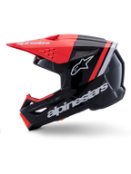 Alpinestars S-M3 Radium hjelm, motocrosshjelm, blank sort med fluorøde og hvide detaljer, profilvisning fra siden, med stort hvidt Alpinestars-logo og stjerne, fluorød skygge og hageparti, designet til MX og Enduro off-road kørsel