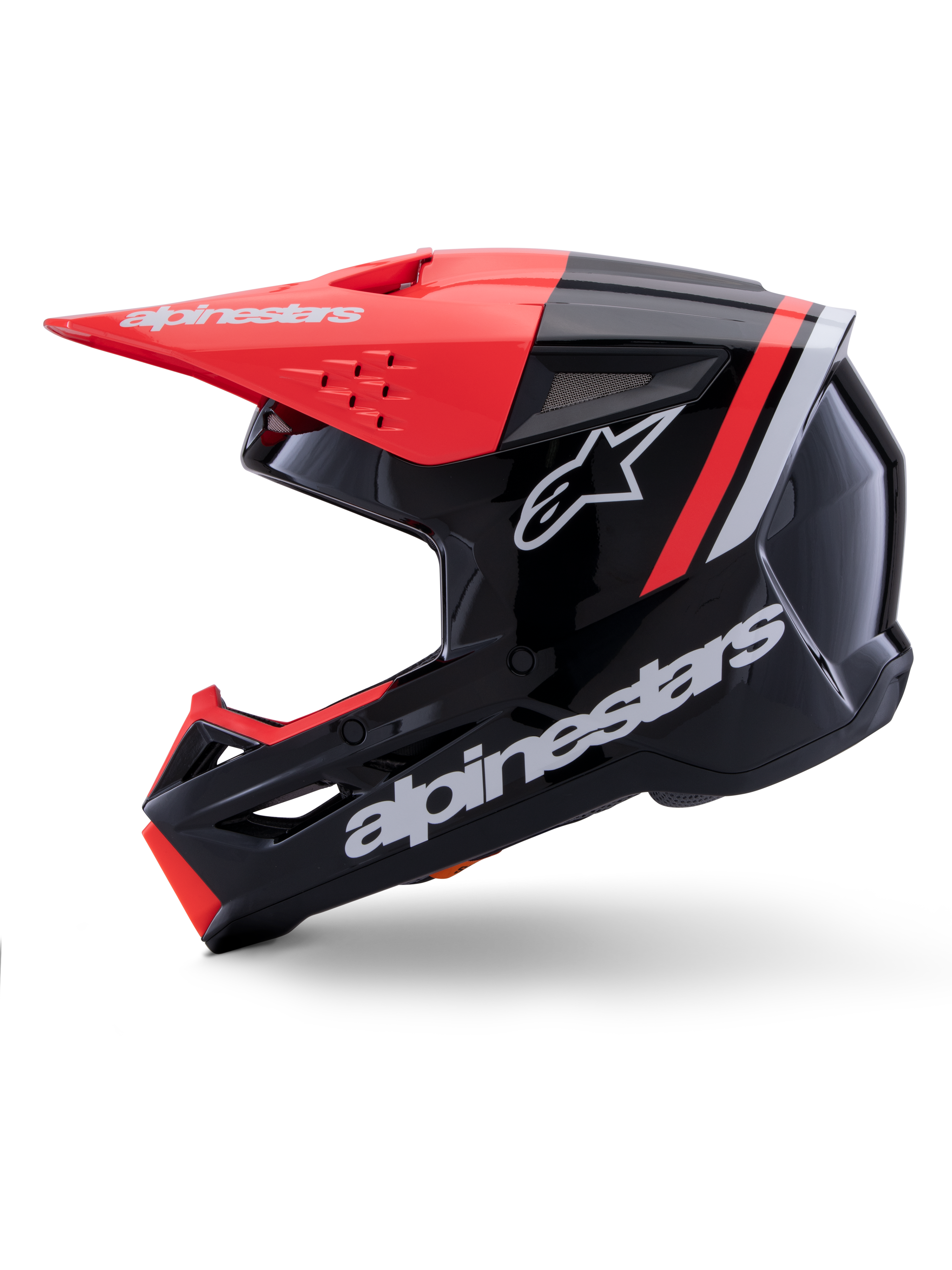 Alpinestars S-M3 Radium hjelm, motocrosshjelm, blank sort med fluorøde og hvide detaljer, profilvisning fra siden, med stort hvidt Alpinestars-logo og stjerne, fluorød skygge og hageparti, designet til MX og Enduro off-road kørsel