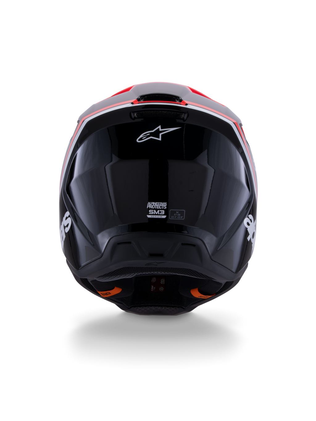 Alpinestars S-M3 Radium hjelm ECE 22.06, motocross-hjelm, blank sort med fluorød og hvide detaljer, set bagfra der viser det aerodynamiske skaldesign, hvidt stjernelogo og certificeringsmærkater.